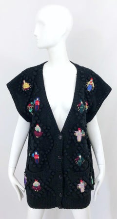 Vintage Norma Kamali 1980s Avant Garde Doll Appliqués Black Wool Sweater Vest