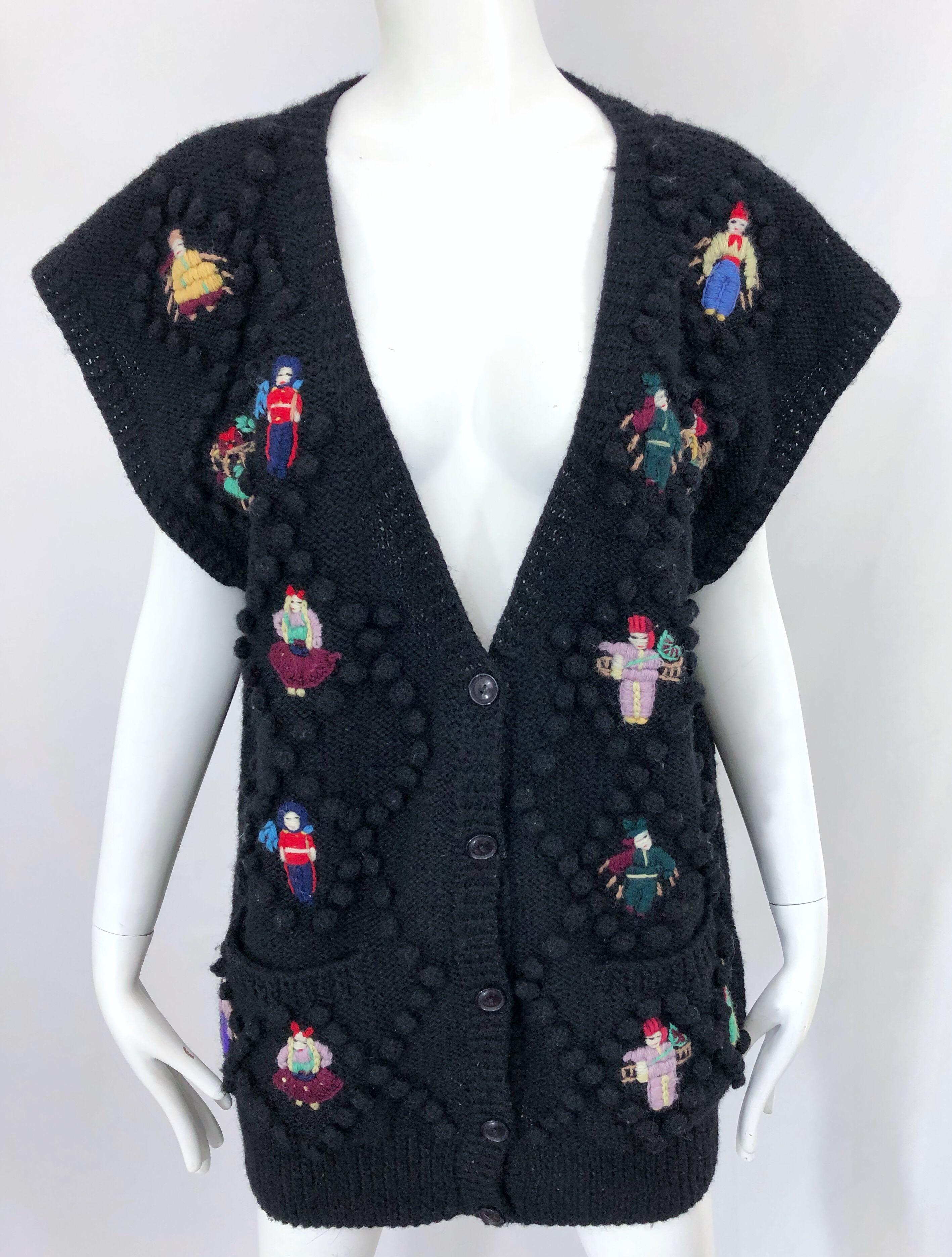 Vintage Norma Kamali 1980s Avant Garde Doll Appliqués Black Wool Sweater Vest For Sale 2