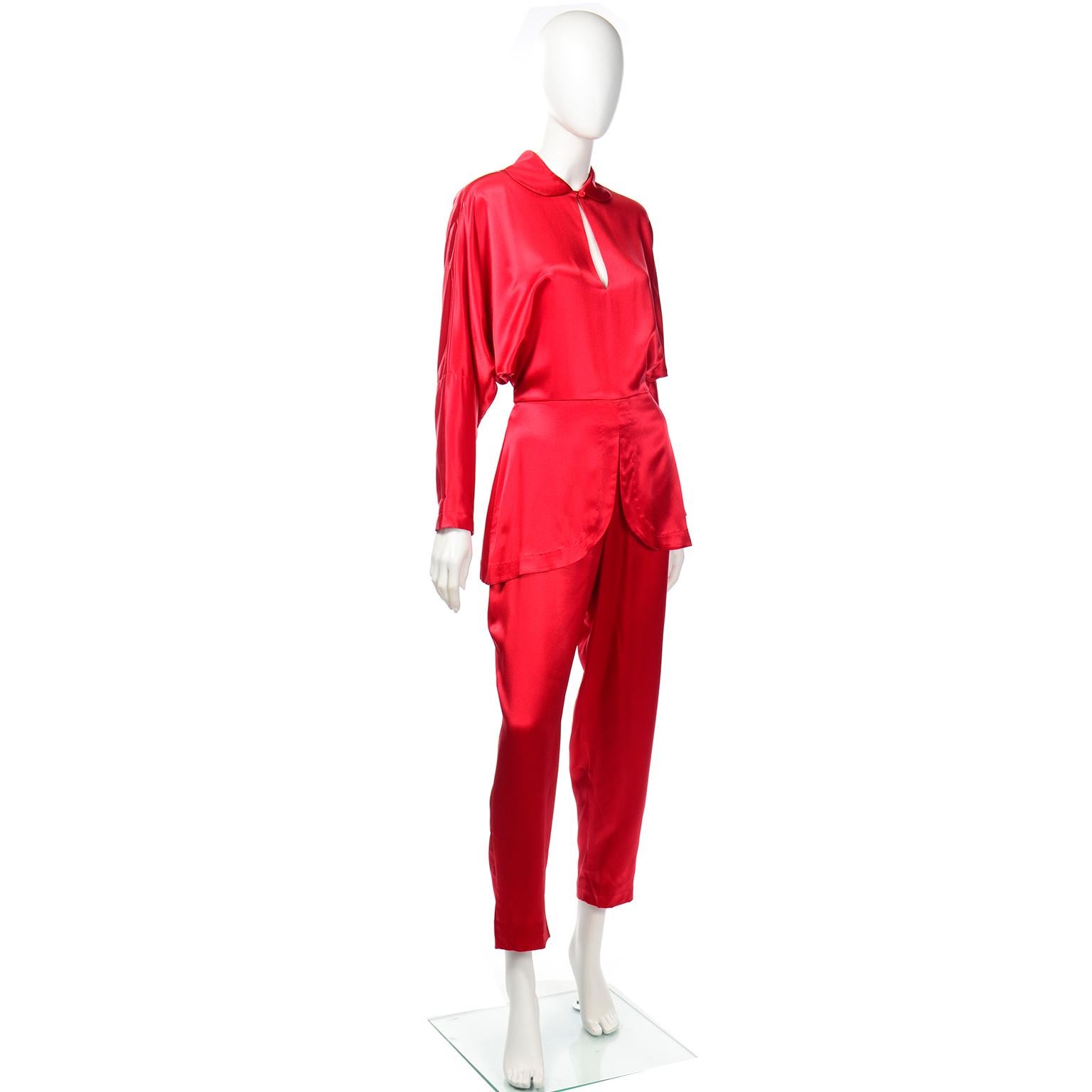 Vintage Norma Kamali 1980s Red Satin One Piece Jumpsuit In Good Condition For Sale In Portland, OR