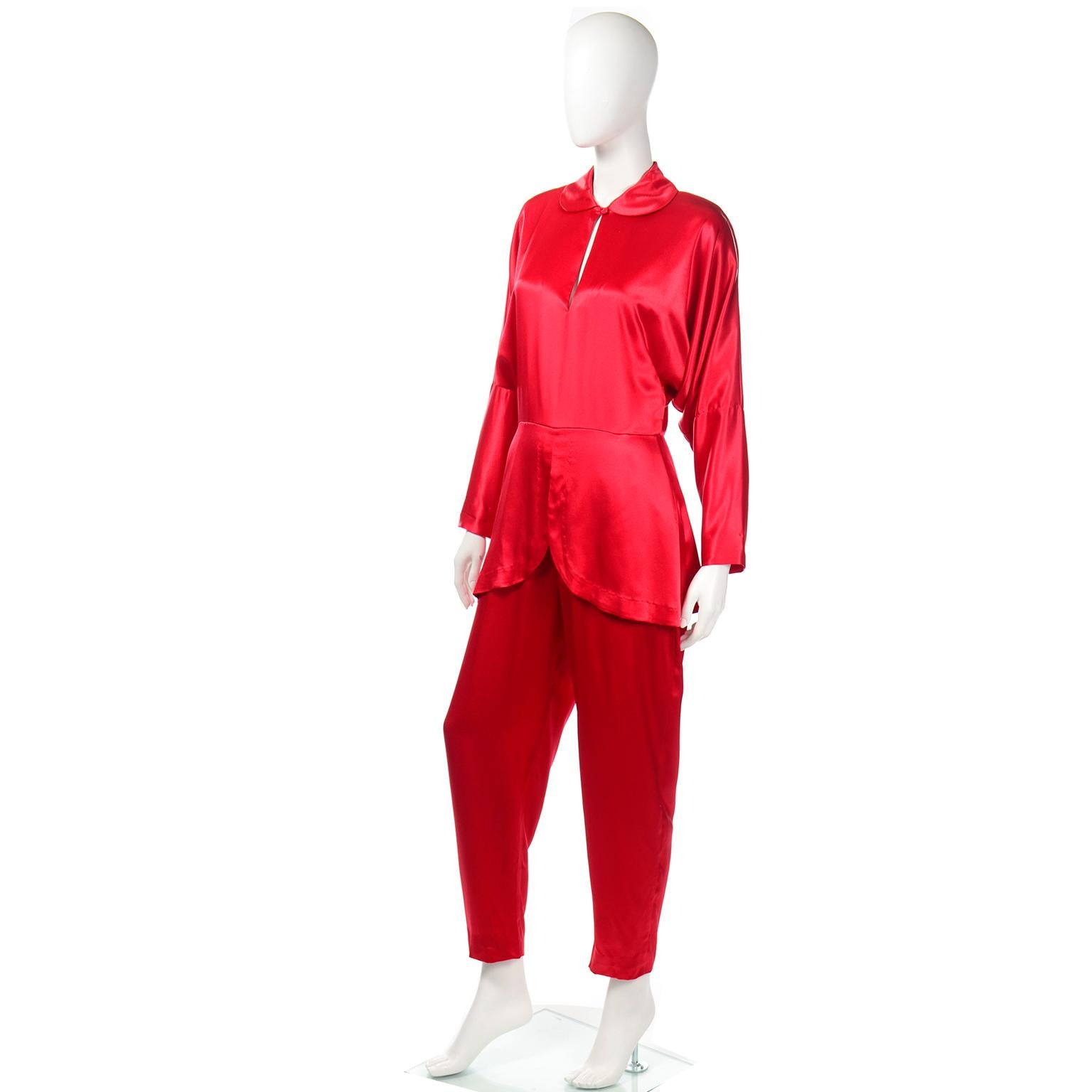 Vintage Norma Kamali 1980s Red Satin One Piece Jumpsuit For Sale 2