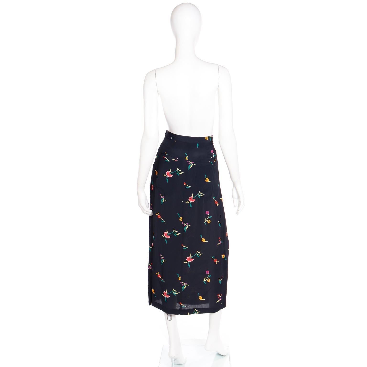 Women's Vintage Norma Kamali Black Multi Colored Floral Print Midi Skirt  For Sale