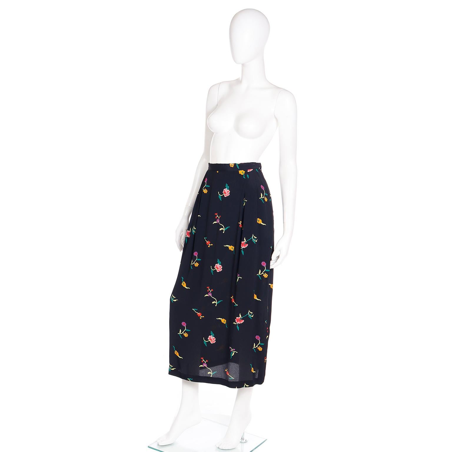Vintage Norma Kamali Black Multi Colored Floral Print Midi Skirt  For Sale 1