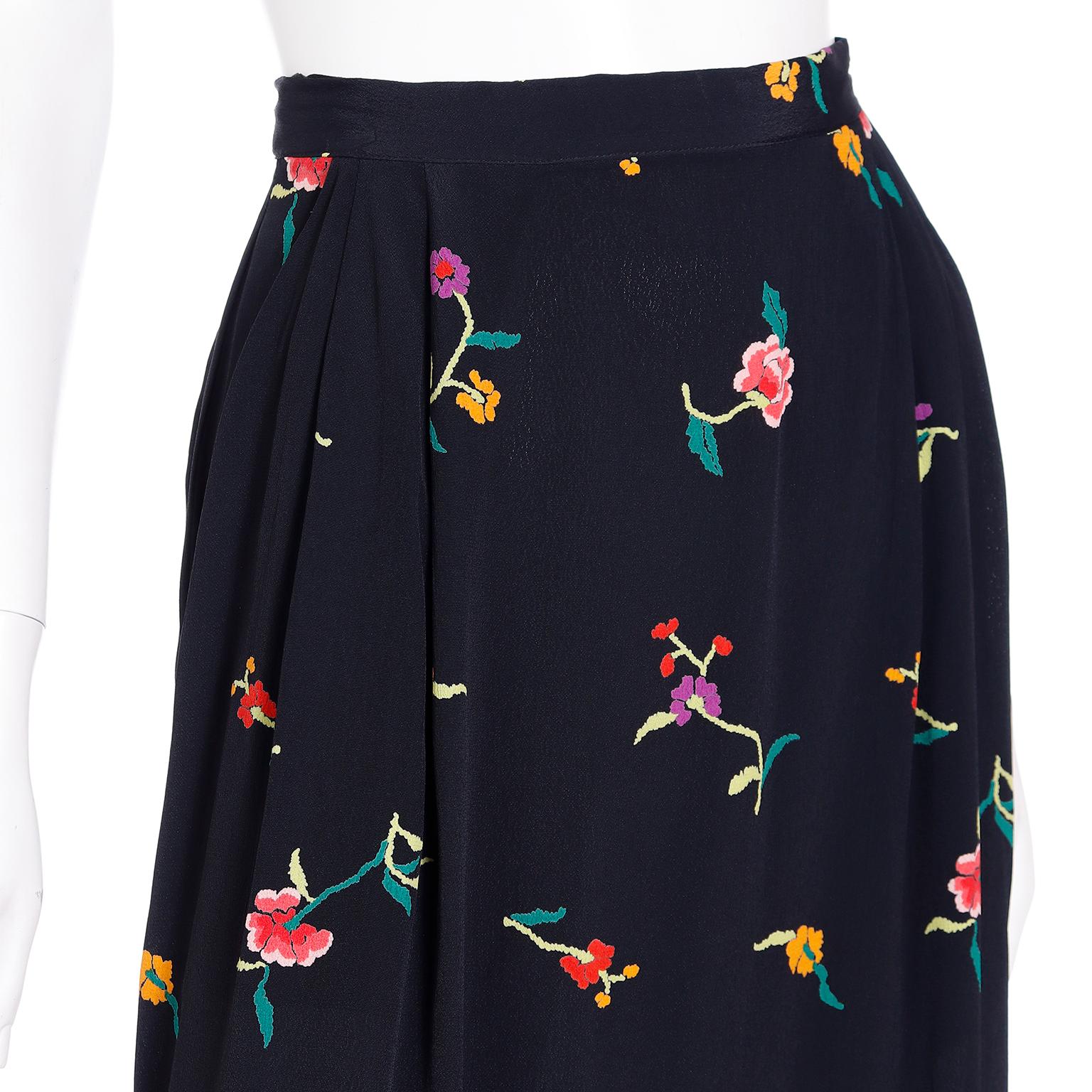 Vintage Norma Kamali Black Multi Colored Floral Print Midi Skirt  For Sale 2