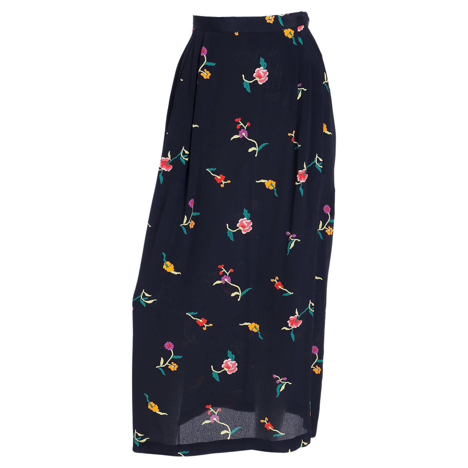 Vintage Norma Kamali Black Multi Colored Floral Print Midi Skirt  For Sale