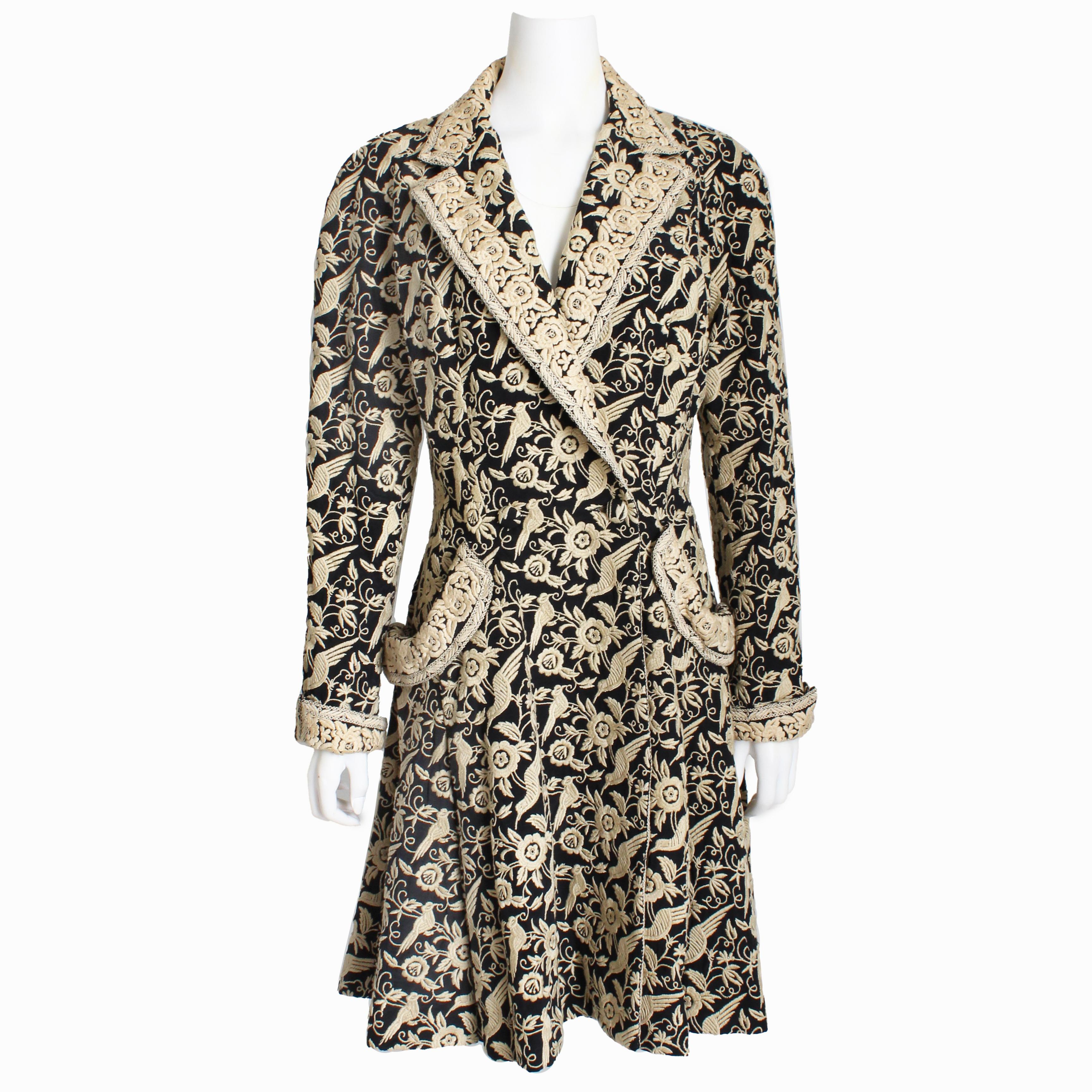 Brown Vintage Norma Kamali Coat Baroque Birds Florals Embroidery Rare Retro Glam Sz 10 For Sale