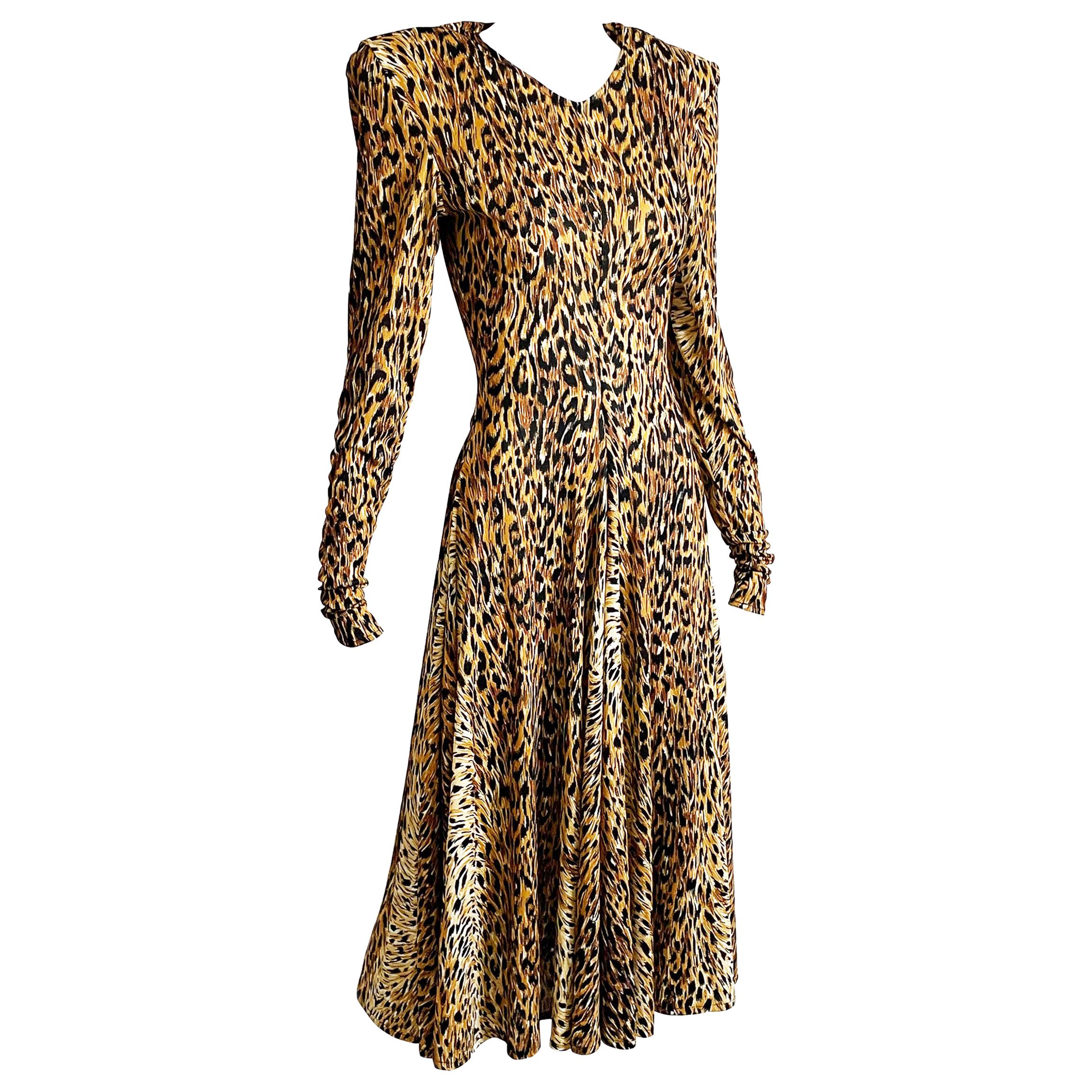 Vintage Norma Kamali Dress Leopard Print Wide Circle Skirt Sz S 