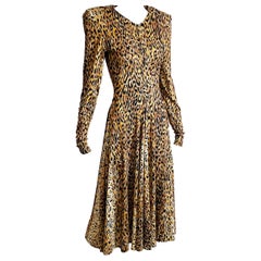 Retro Norma Kamali Dress Leopard Print Wide Circle Skirt Sz S 