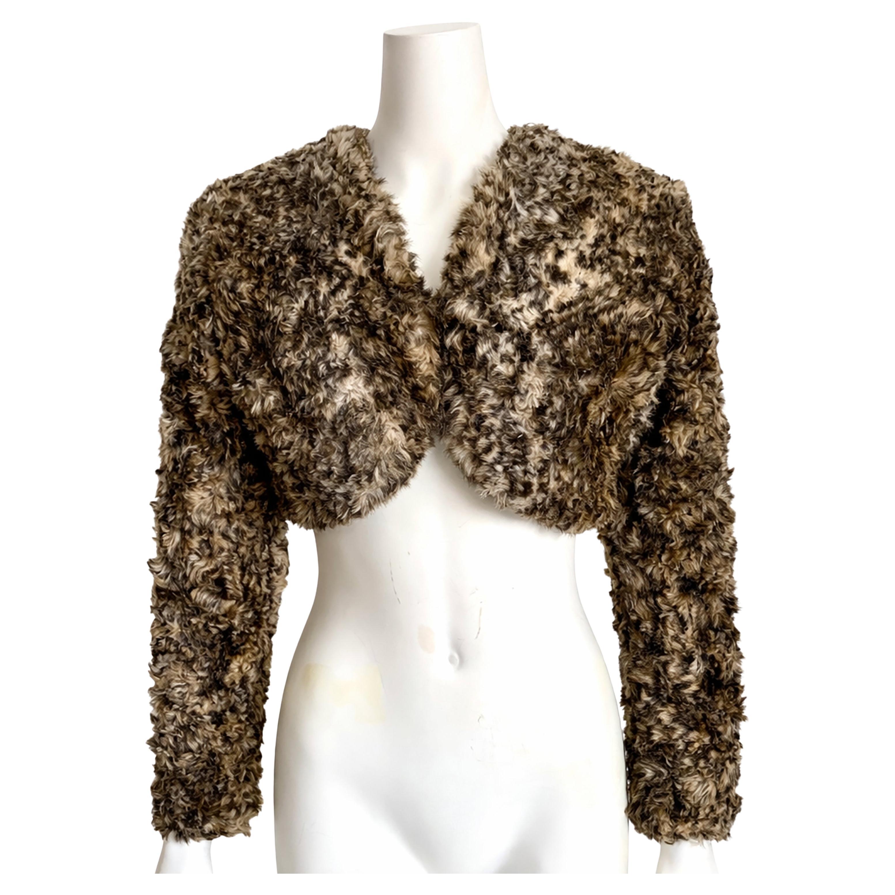 Vintage Norma Kamali Faux Leopard Fur Bolero Jacket Cropped Statement Piece 90s