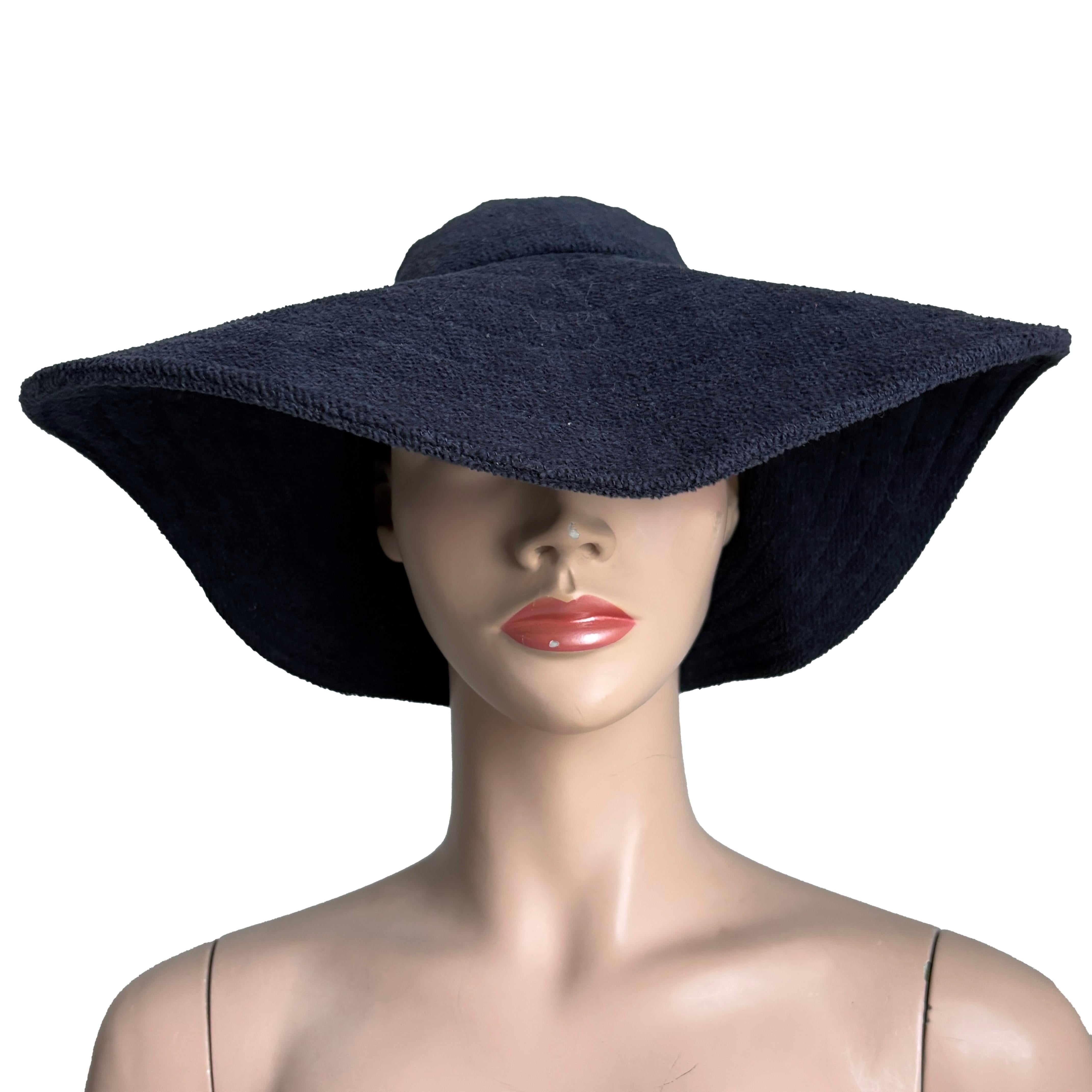 Black Vintage Norma Kamali for Stetson Hat Wide Brim Floppy Navy Terry Cloth HTF OS For Sale
