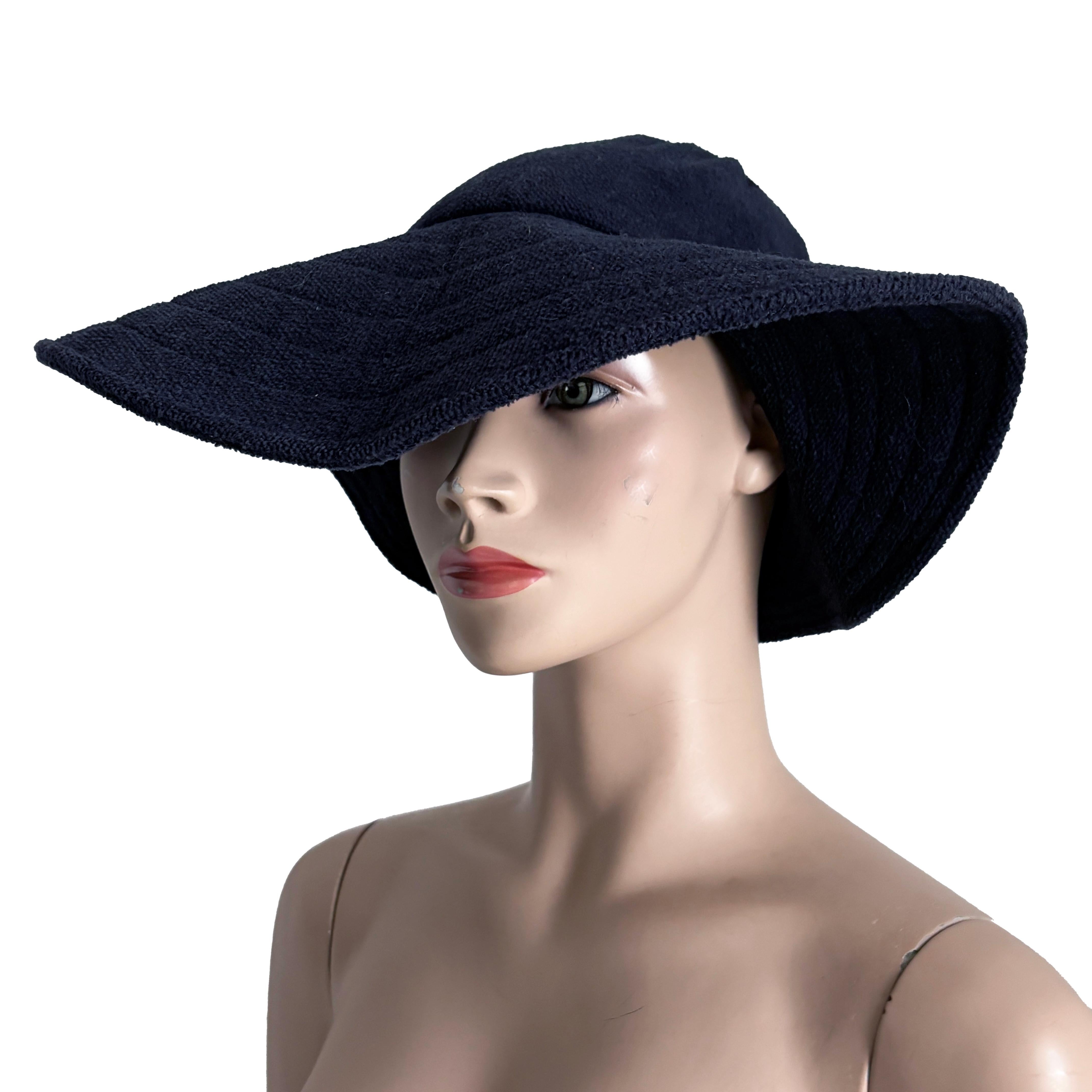 Women's Vintage Norma Kamali for Stetson Hat Wide Brim Floppy Navy Terry Cloth HTF OS For Sale