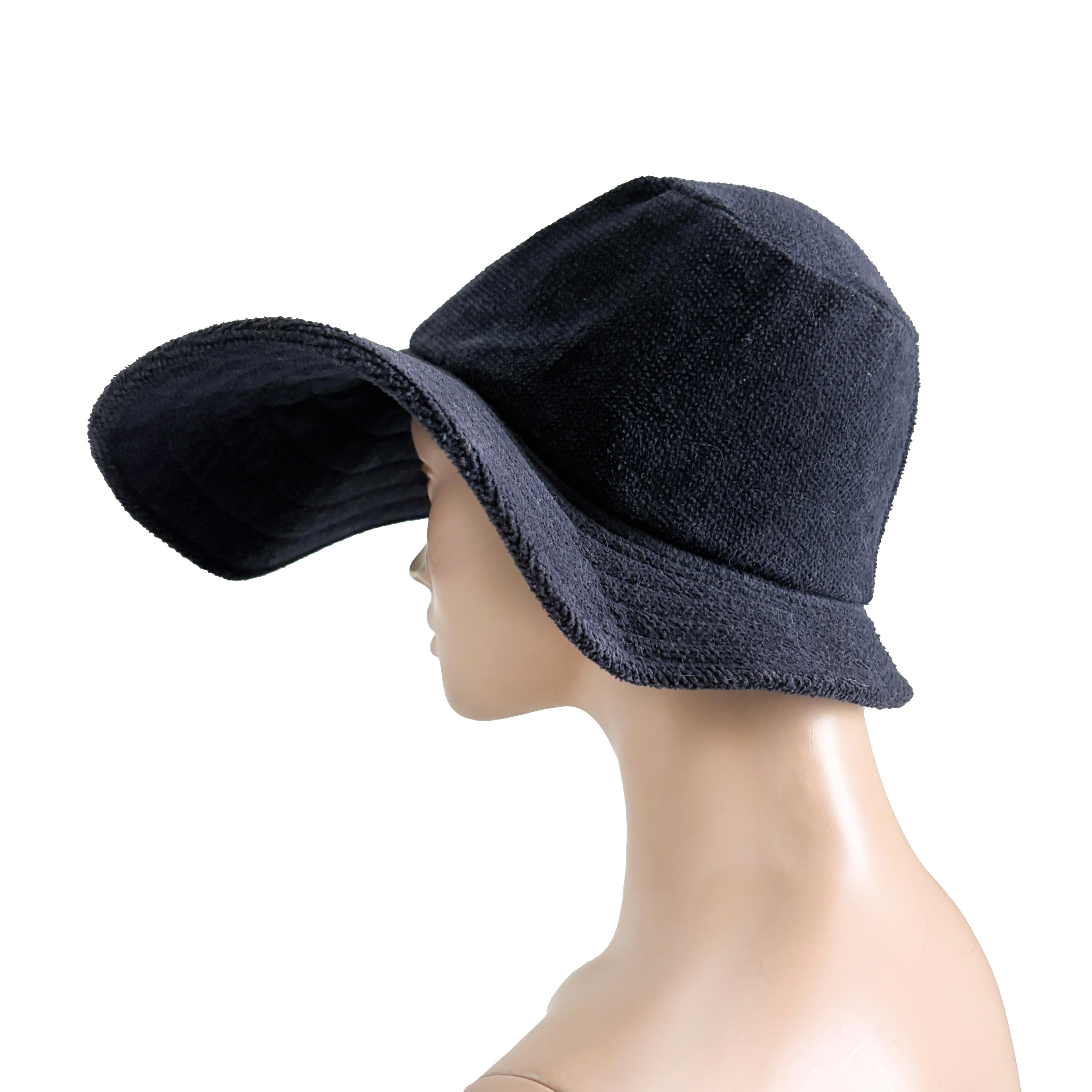 Vintage Norma Kamali for Stetson Hat Wide Brim Floppy Navy Terry Cloth HTF OS For Sale 2
