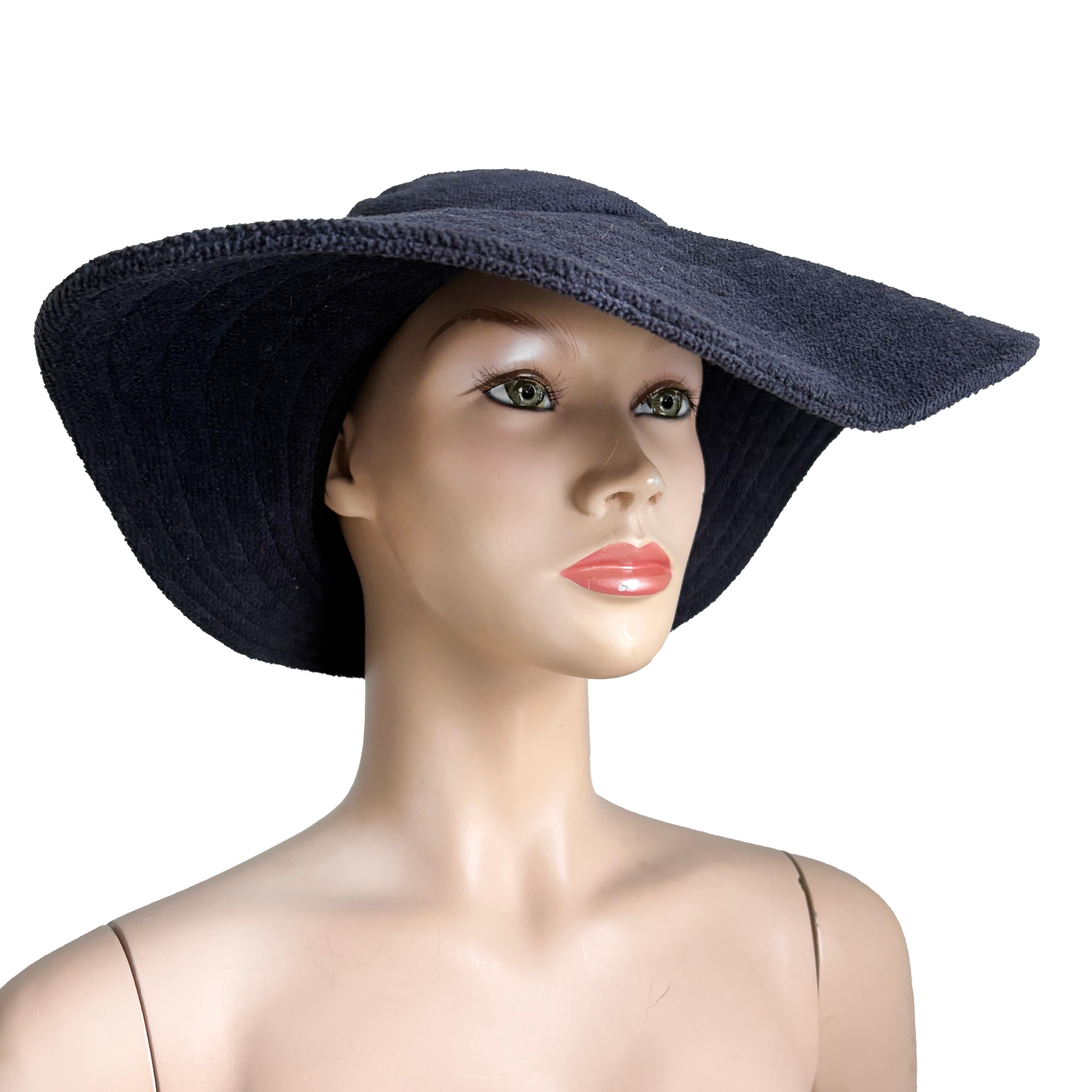 Vintage Norma Kamali for Stetson Hat Wide Brim Floppy Navy Terry Cloth HTF OS For Sale 4