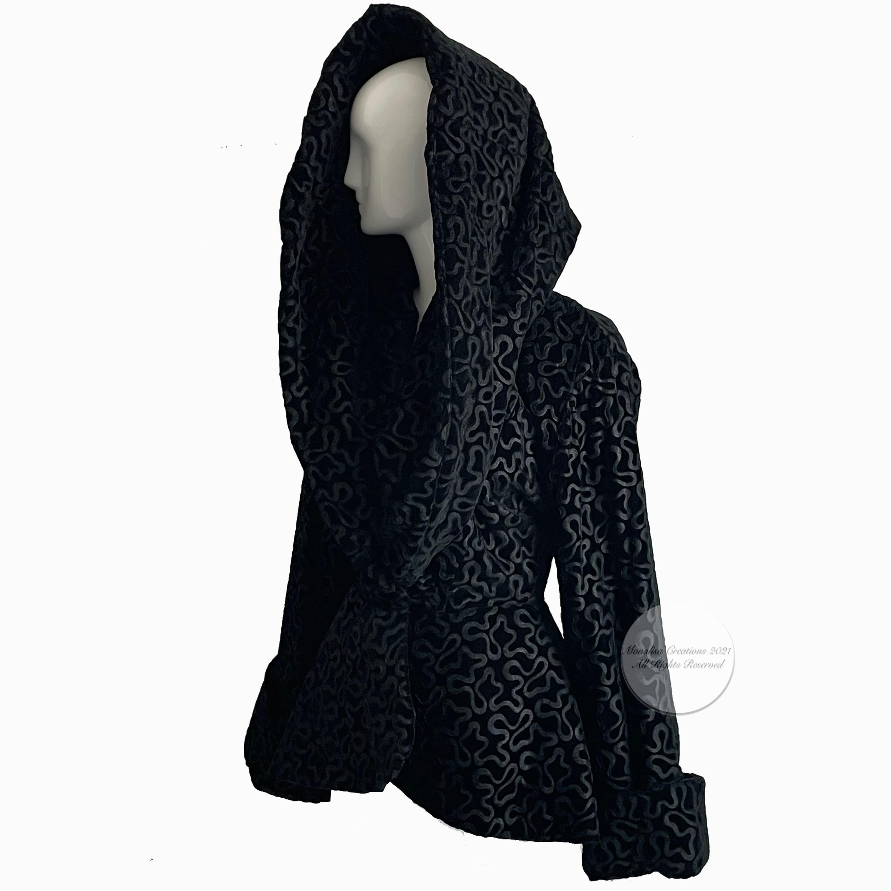 Vintage 80s Norma Kamali Shawl Collar Jacket. Over-the-top & super rare! Made from burnout black velvet with abstract squiggle pattern/lined/dry clean only. This jacket is substantial & features an oversized shawl collar that can be worn several