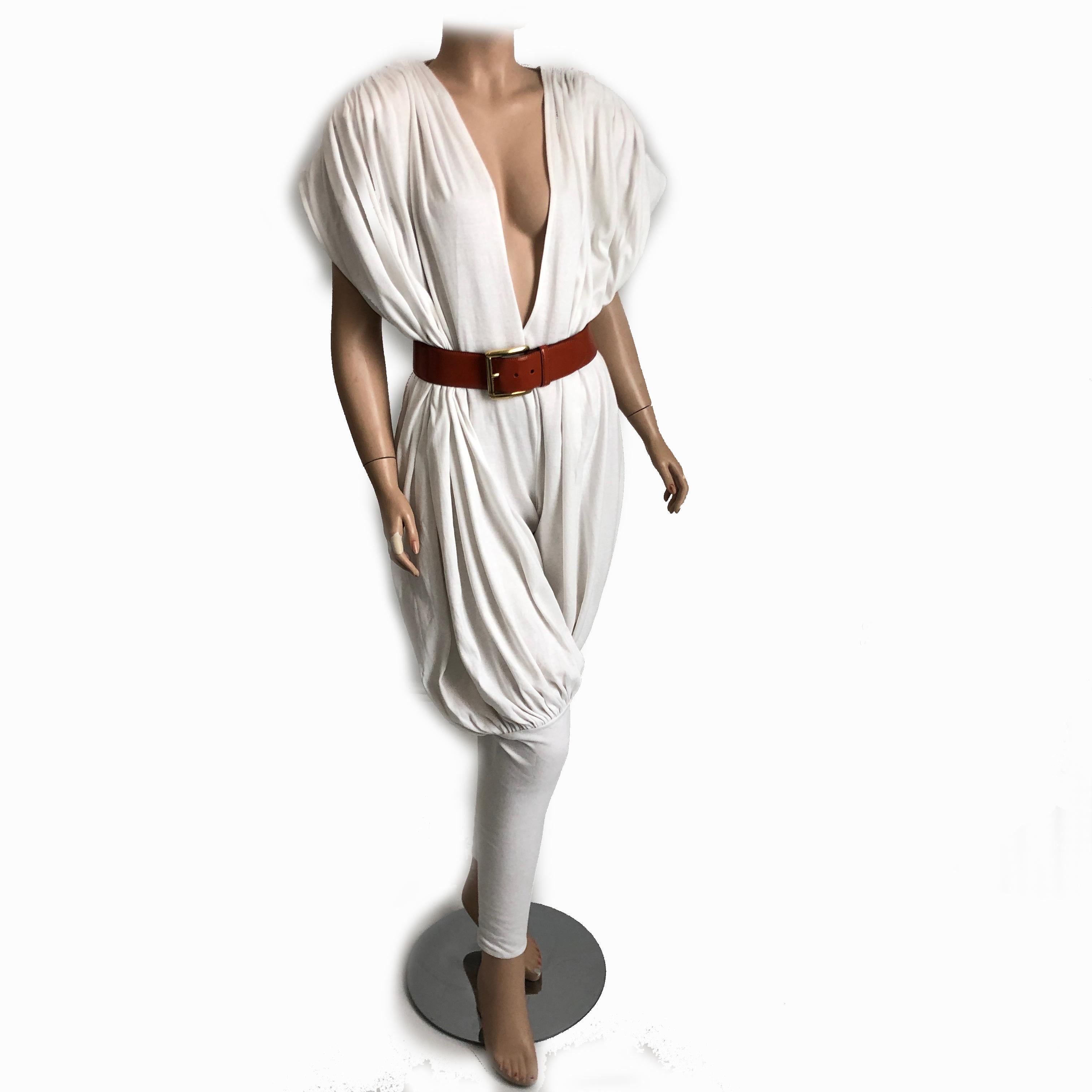 Women's or Men's Vintage Norma Kamali Jumpsuit White Draped Jersey Harem Pant Size S