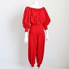 Vintage Norma Kamali Off Shoulder Top and Harem Pants Set 2pc Red Jersey Knit
