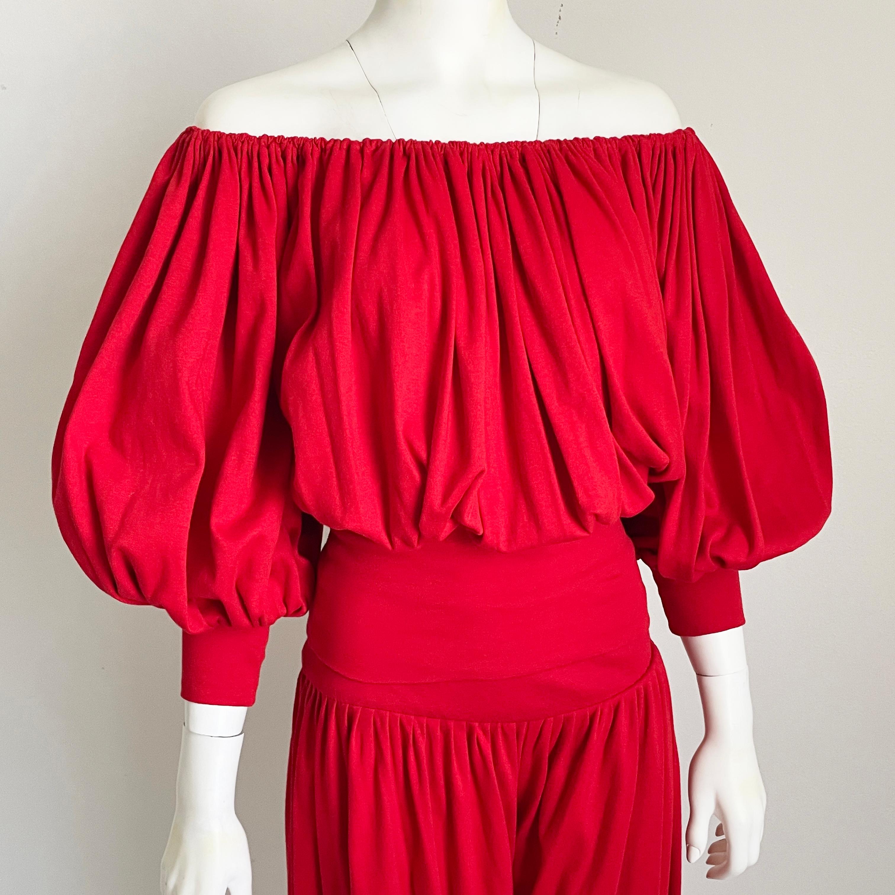 Vintage Norma Kamali Off Shoulder Top and Harem Pants Set 2pc Red Jersey Knit  In Good Condition For Sale In Port Saint Lucie, FL