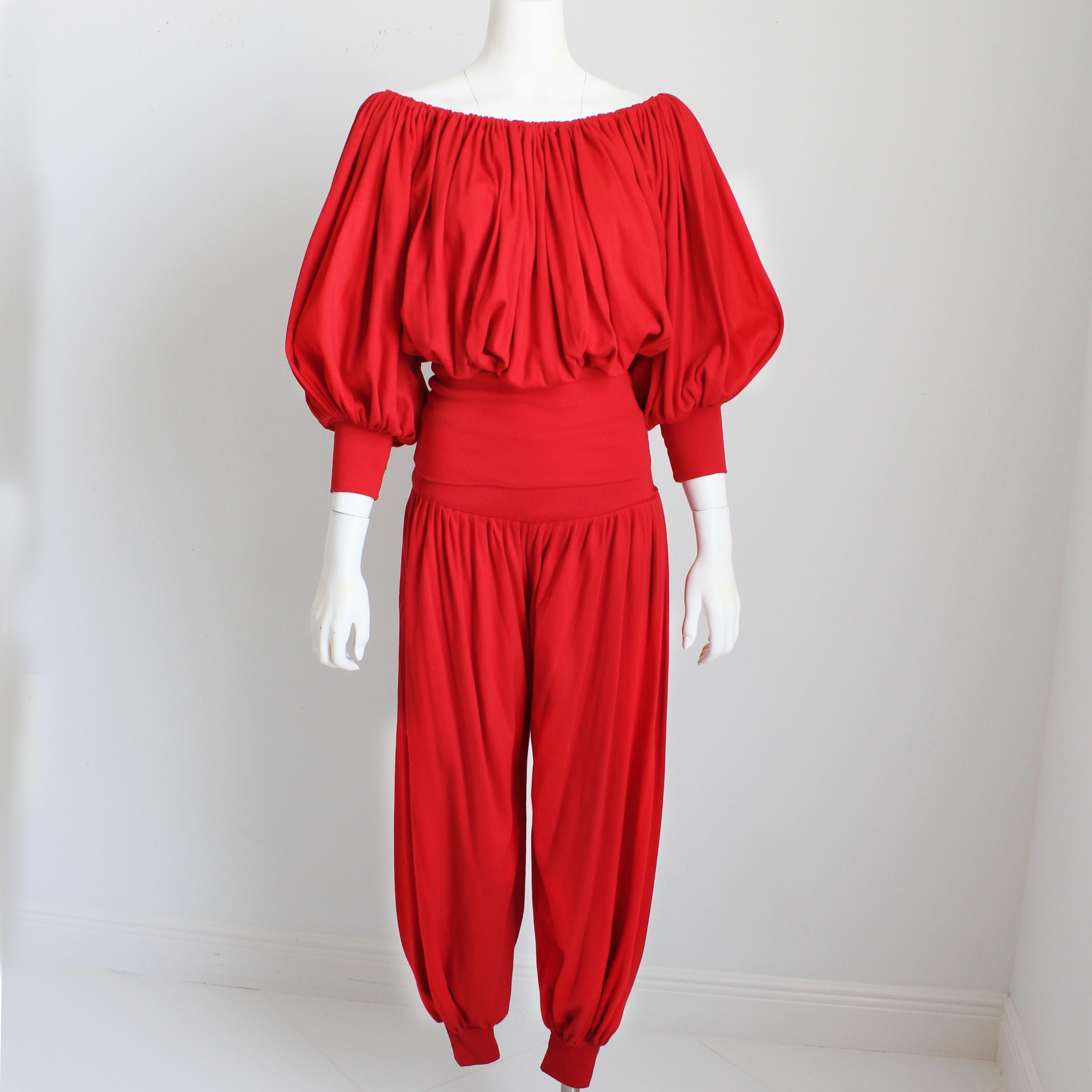 Women's or Men's Vintage Norma Kamali Off Shoulder Top and Harem Pants Set 2pc Red Jersey Knit  For Sale
