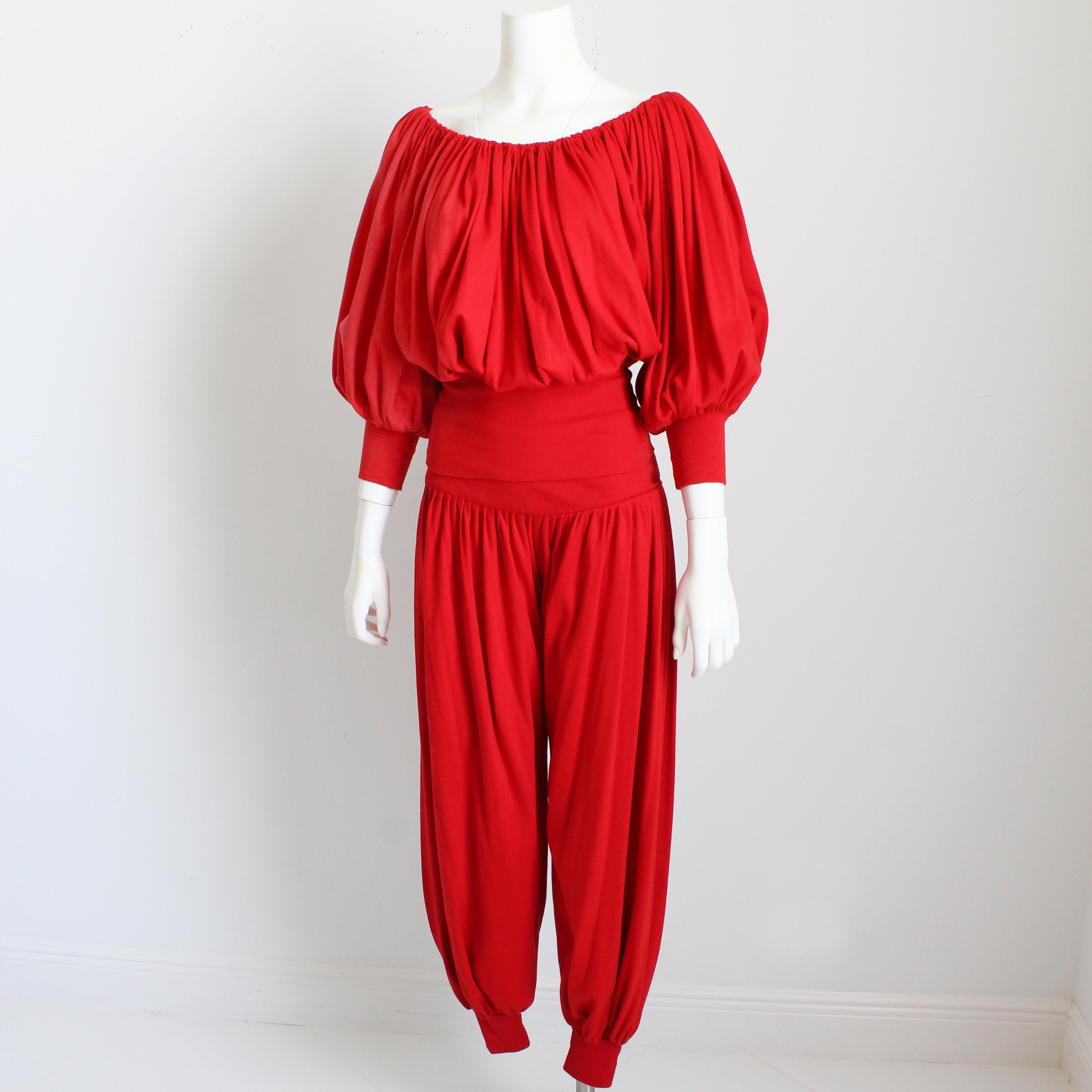 Vintage Norma Kamali Off Shoulder Top and Harem Pants Set 2pc Red Jersey Knit  For Sale 1