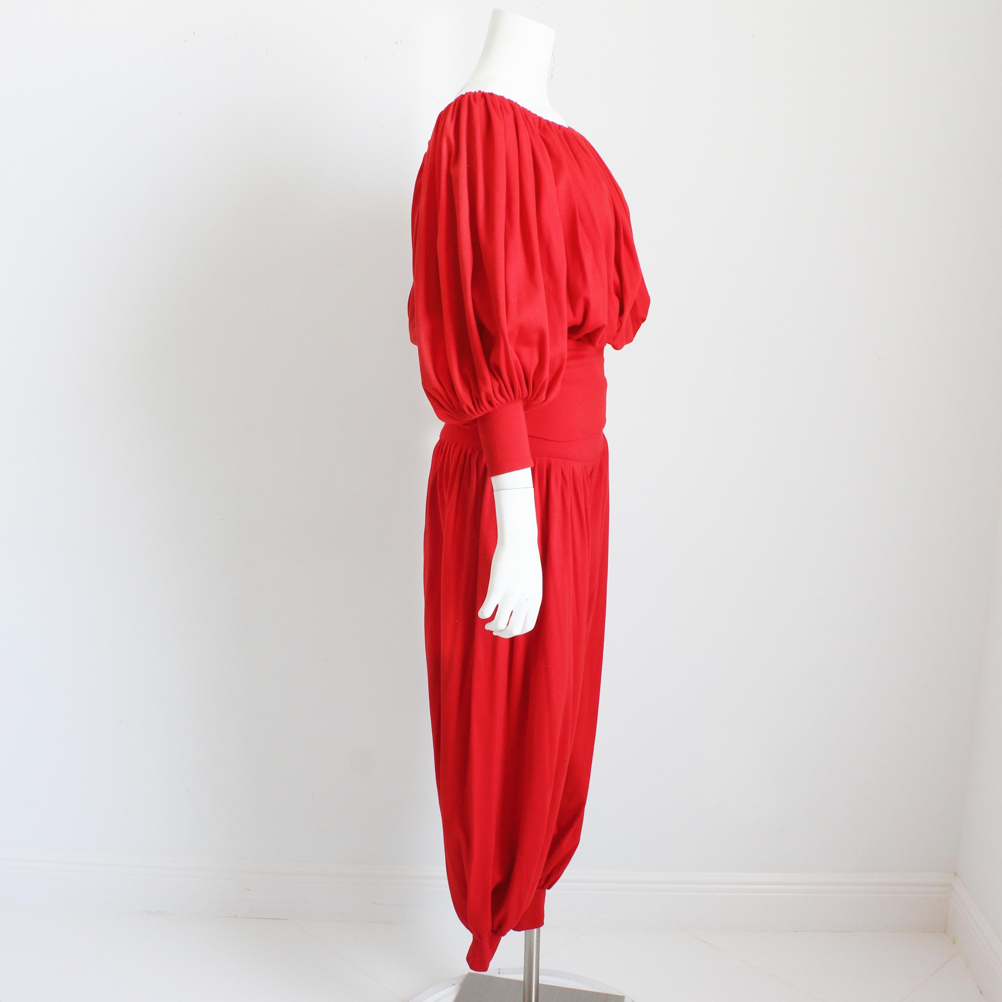 Vintage Norma Kamali Off Shoulder Top and Harem Pants Set 2pc Red Jersey Knit  For Sale 2