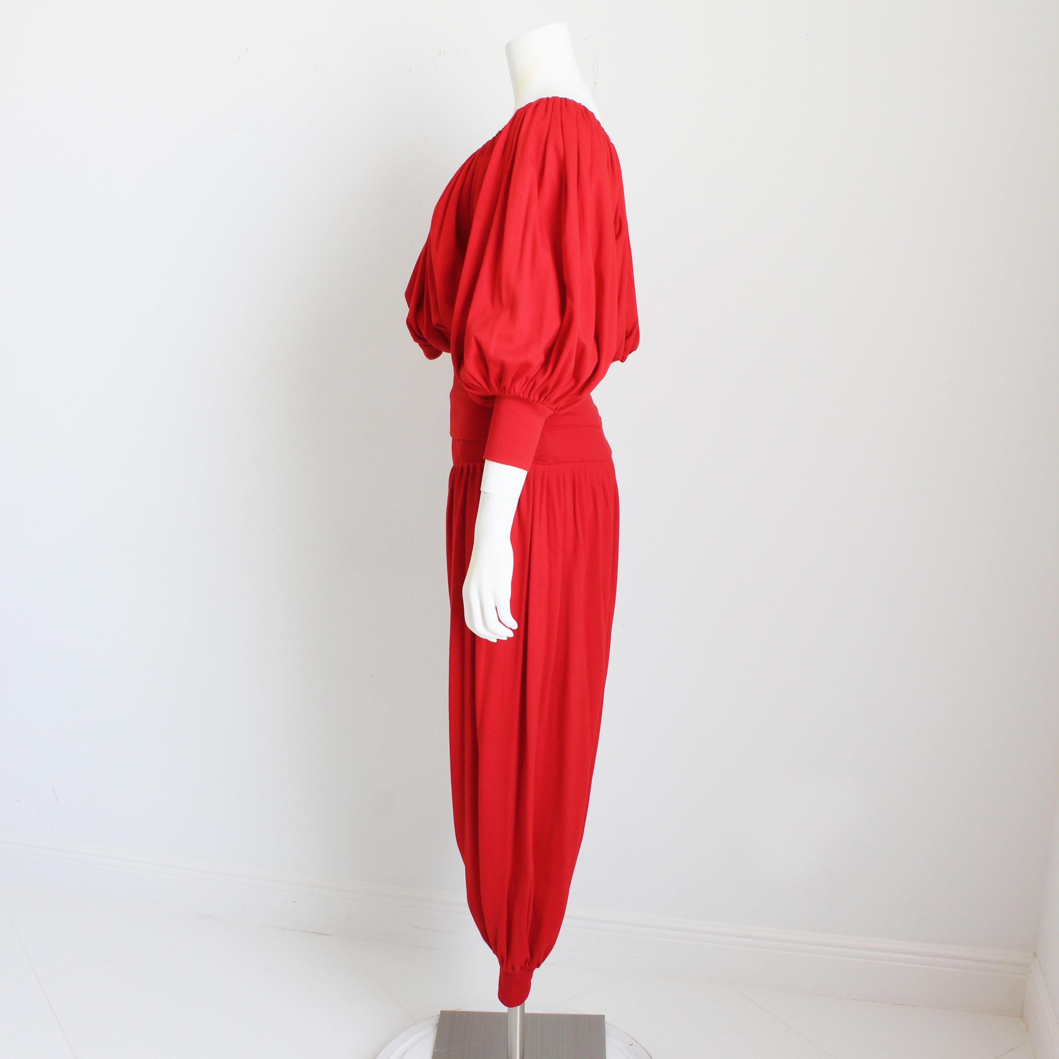 Vintage Norma Kamali Off Shoulder Top and Harem Pants Set 2pc Red Jersey Knit  For Sale 3