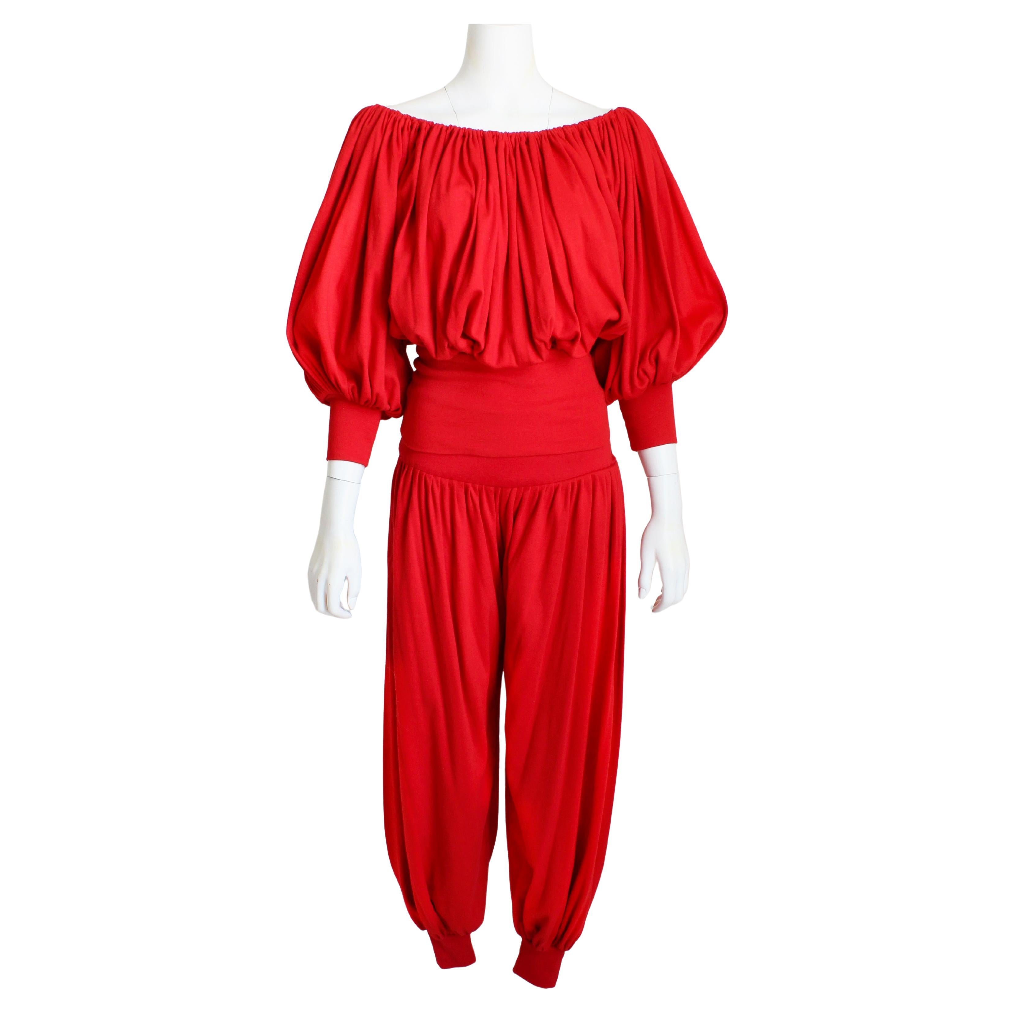 Vintage Norma Kamali Off Shoulder Top and Harem Pants Set 2pc Red Jersey Knit 