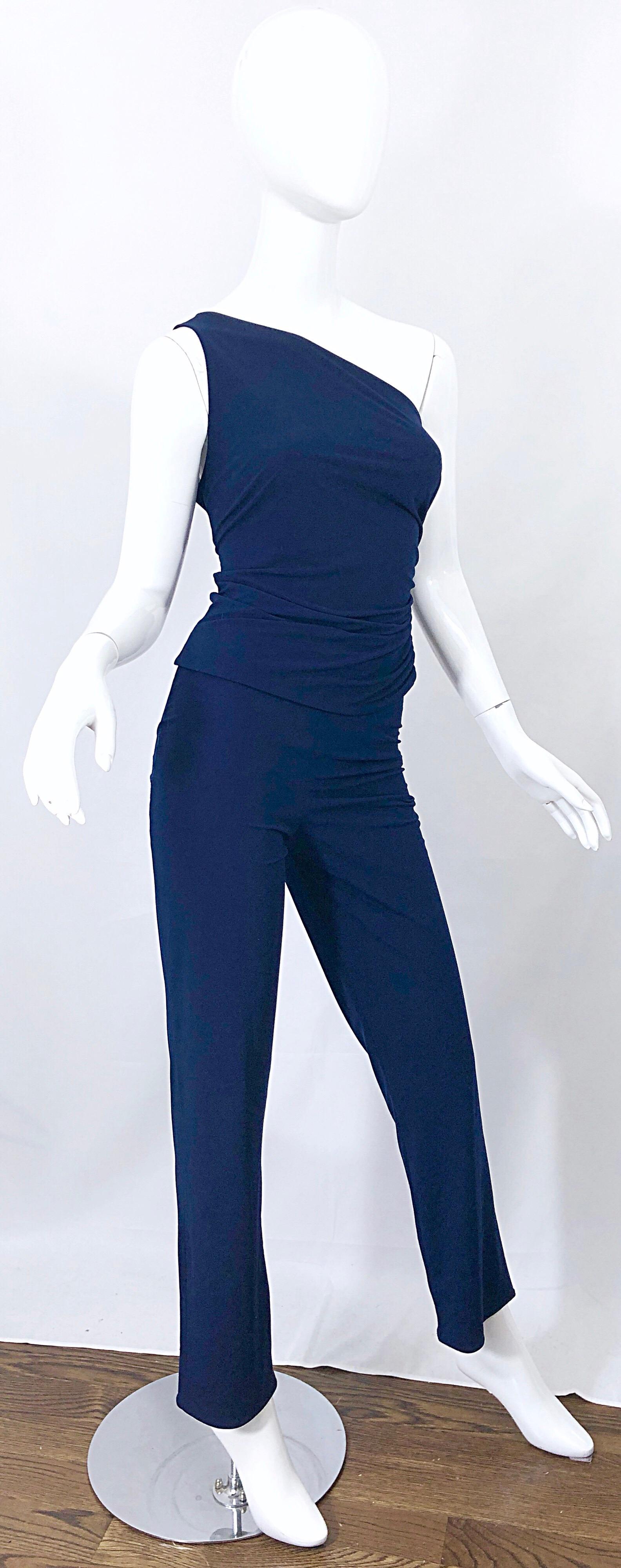 Vintage Norma Kamali OMO 1980s Navy Blue One Shoulder 80s Top and Pants Jumpsuit For Sale 3
