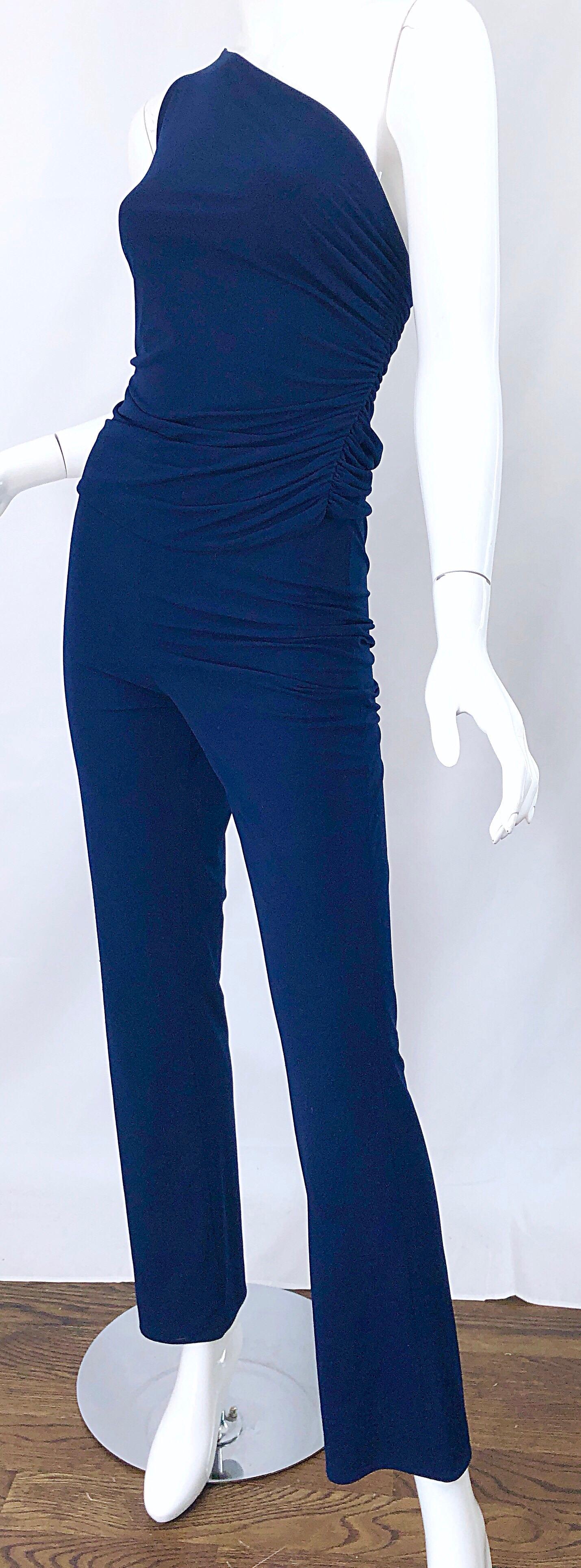 Vintage Norma Kamali OMO 1980s Navy Blue One Shoulder 80s Top and Pants Jumpsuit For Sale 4