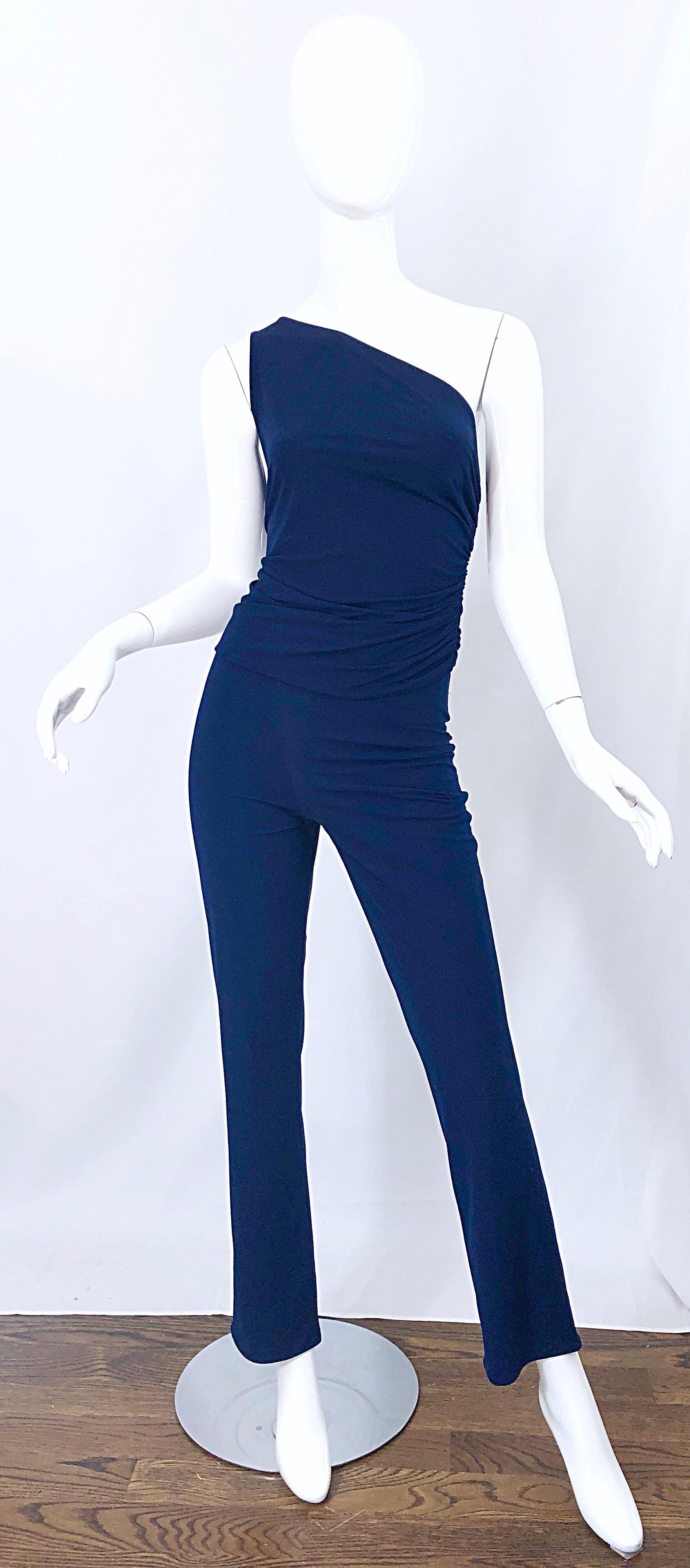 Vintage Norma Kamali OMO 1980s Navy Blue One Shoulder 80s Top and Pants Jumpsuit For Sale 5
