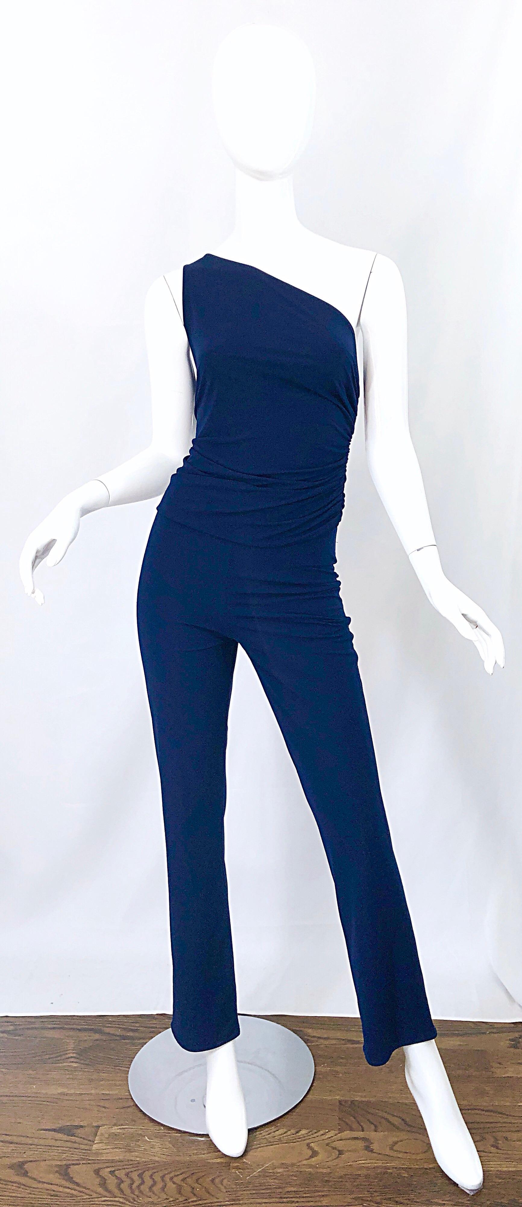 Amazing vintage NORMA KAMALI OMO early 1980s navy blue one shoulder top and trosuers! Looks like a jumpsuit, but better! Soft stretch jersey stretches to fit, and the ruched details on the top is super flattering. Top simply slips over the head.