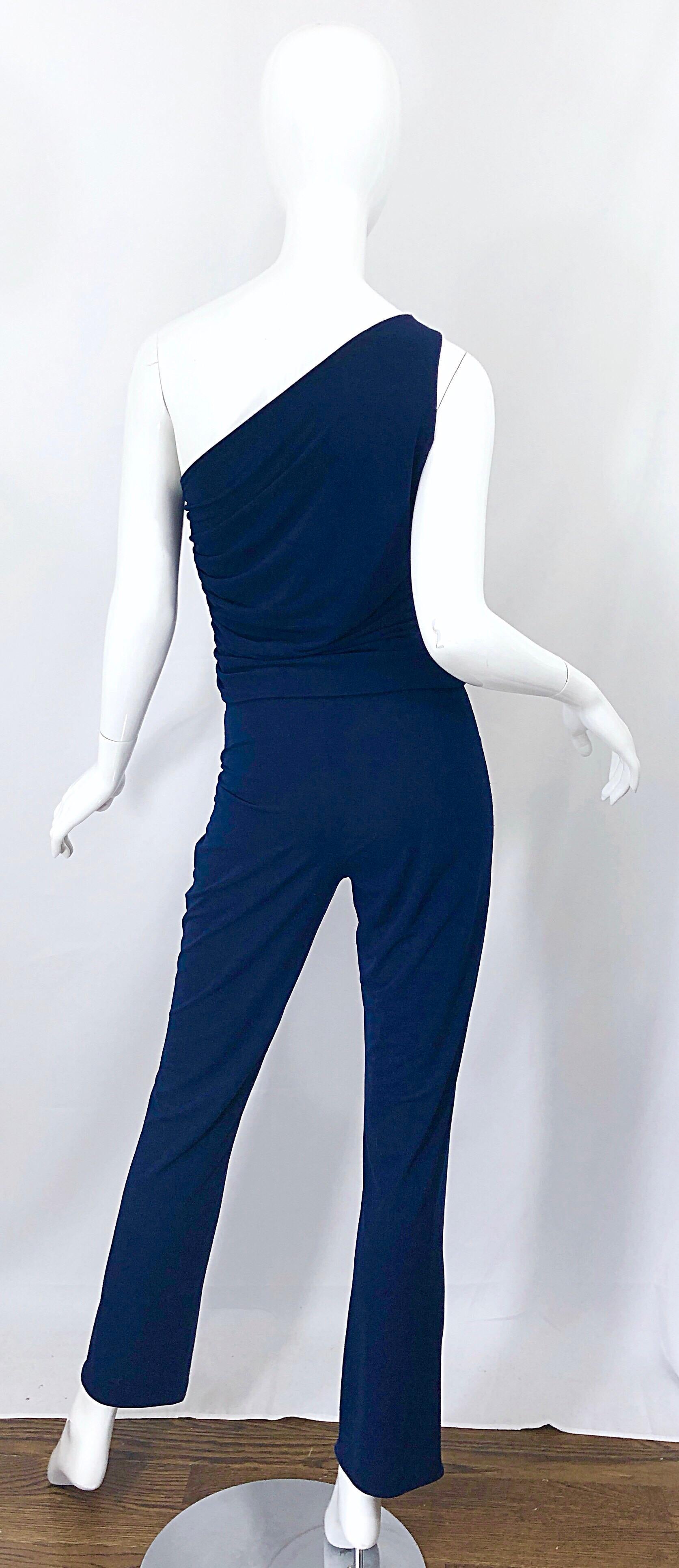 Vintage Norma Kamali OMO 1980er Marineblauer One Shoulder 80er Jahre Top und Hose Jumpsuit Damen im Angebot