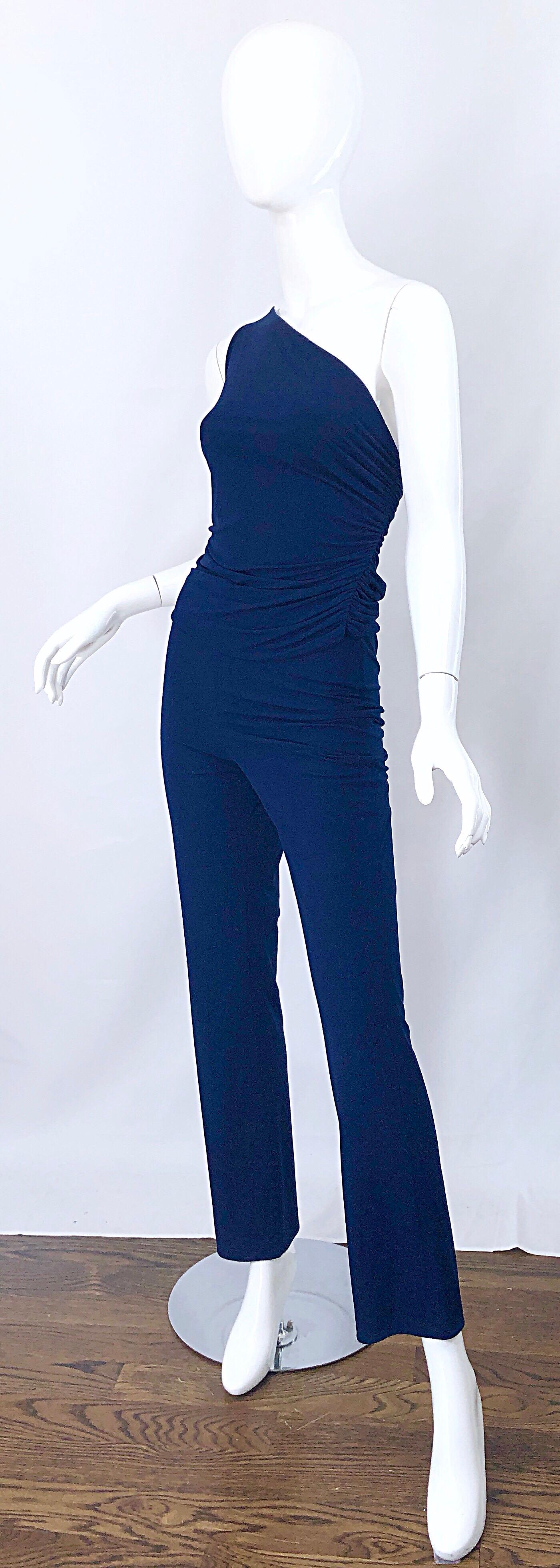 Vintage Norma Kamali OMO 1980s Navy Blue One Shoulder 80s Top and Pants Jumpsuit In Excellent Condition For Sale In San Diego, CA