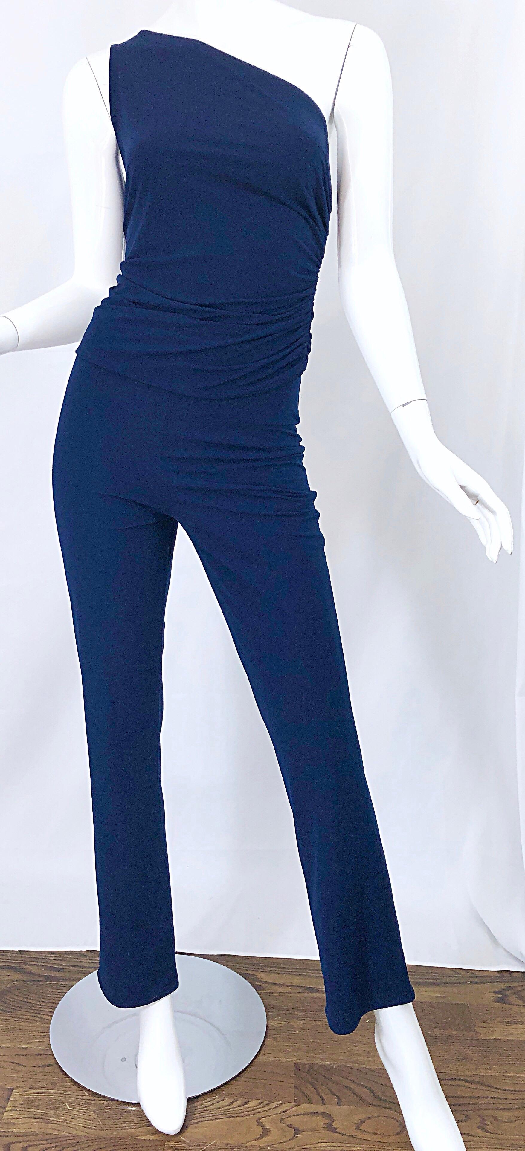 Women's Vintage Norma Kamali OMO 1980s Navy Blue One Shoulder 80s Top and Pants Jumpsuit For Sale