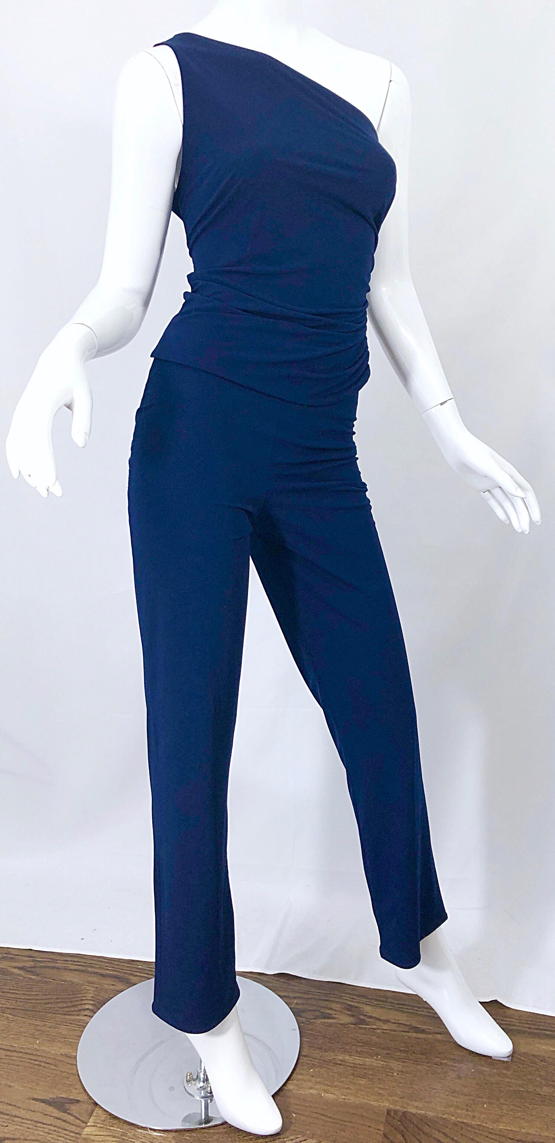 Vintage Norma Kamali OMO 1980s Navy Blue One Shoulder 80s Top and Pants Jumpsuit For Sale 1
