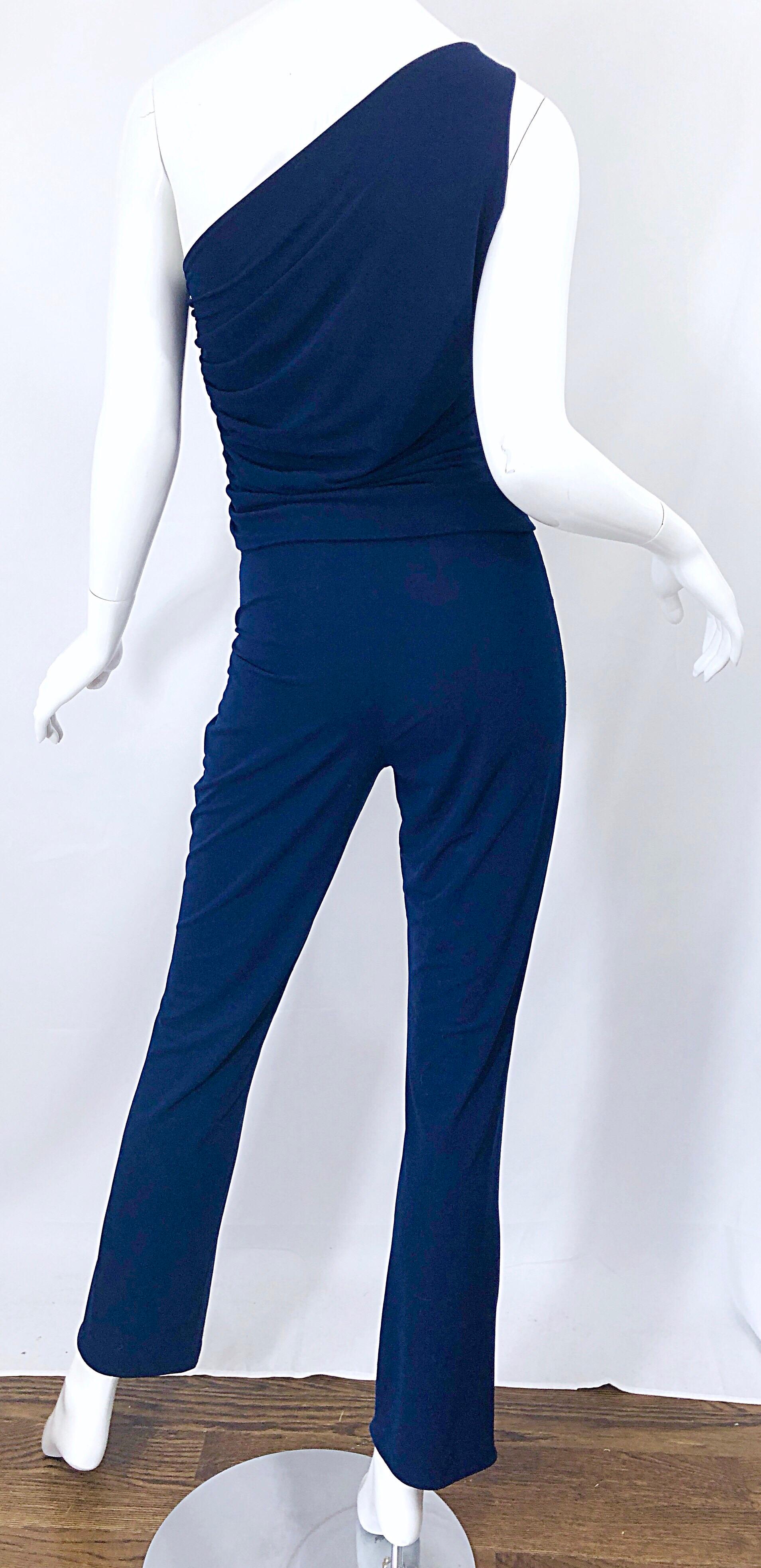 Vintage Norma Kamali OMO 1980s Navy Blue One Shoulder 80s Top and Pants Jumpsuit For Sale 2