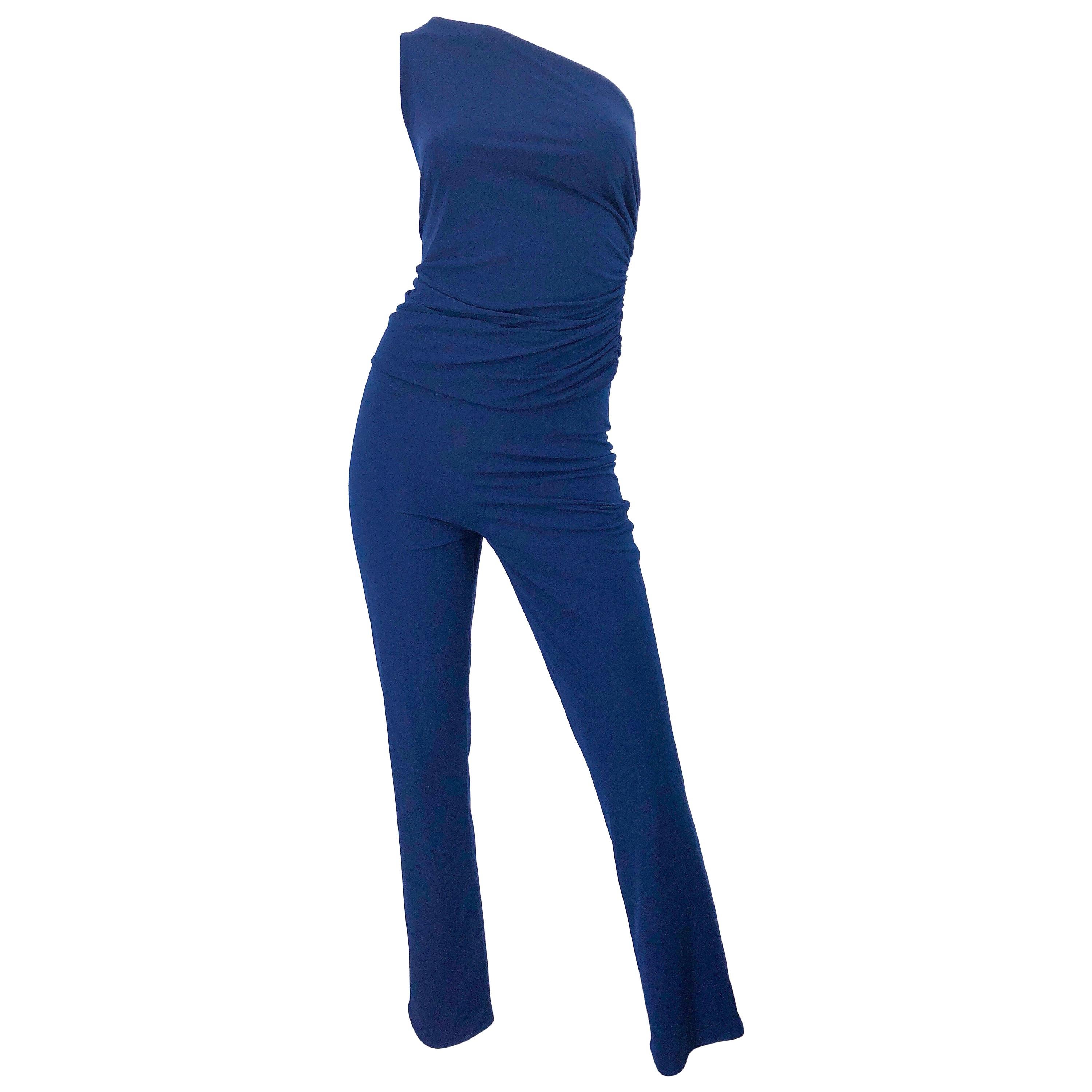 Vintage Norma Kamali OMO 1980s Navy Blue One Shoulder 80s Top and Pants Jumpsuit