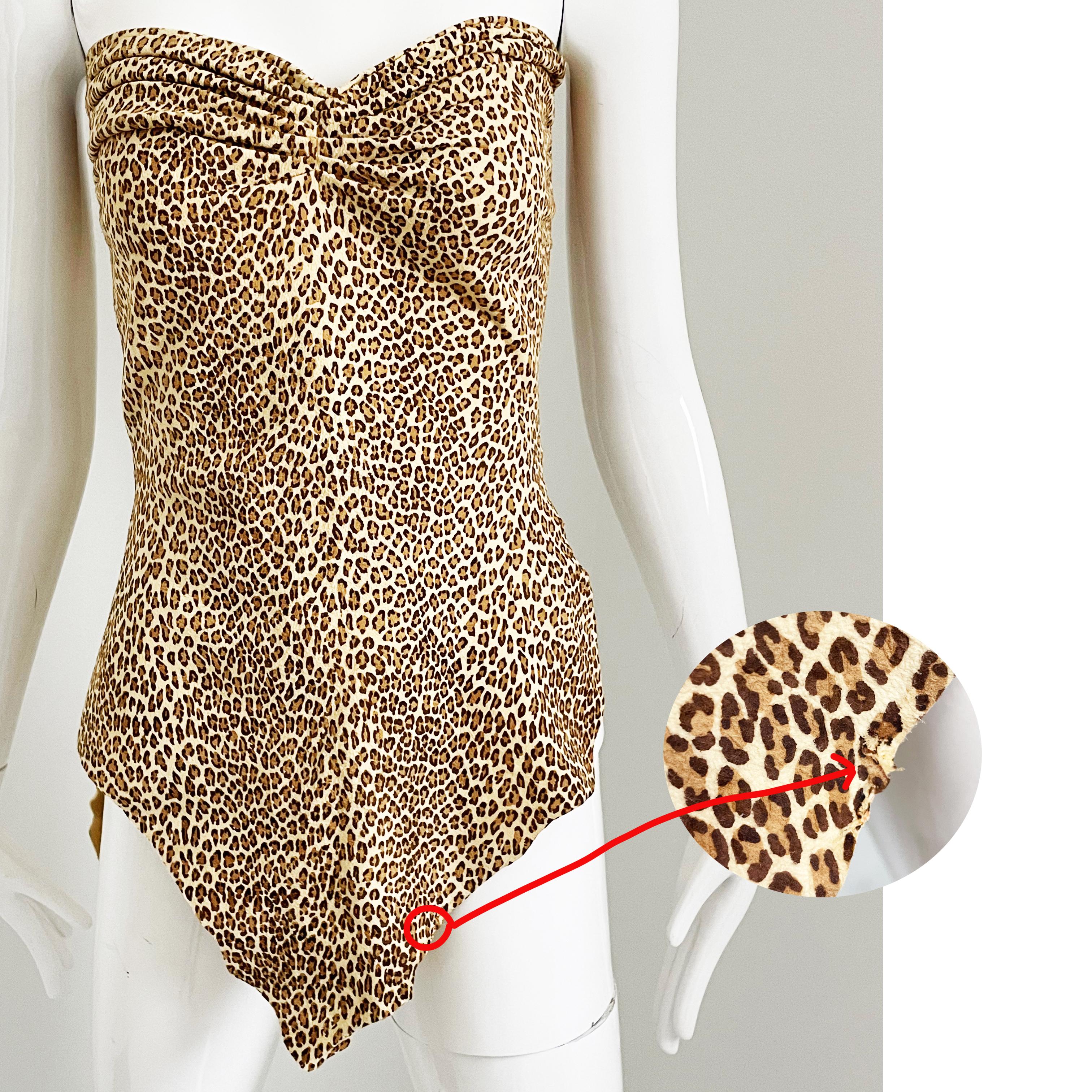 Vintage Norma Kamali OMO Halter Top with Wrap Ties Leopard Print Leather HTF In Good Condition In Port Saint Lucie, FL