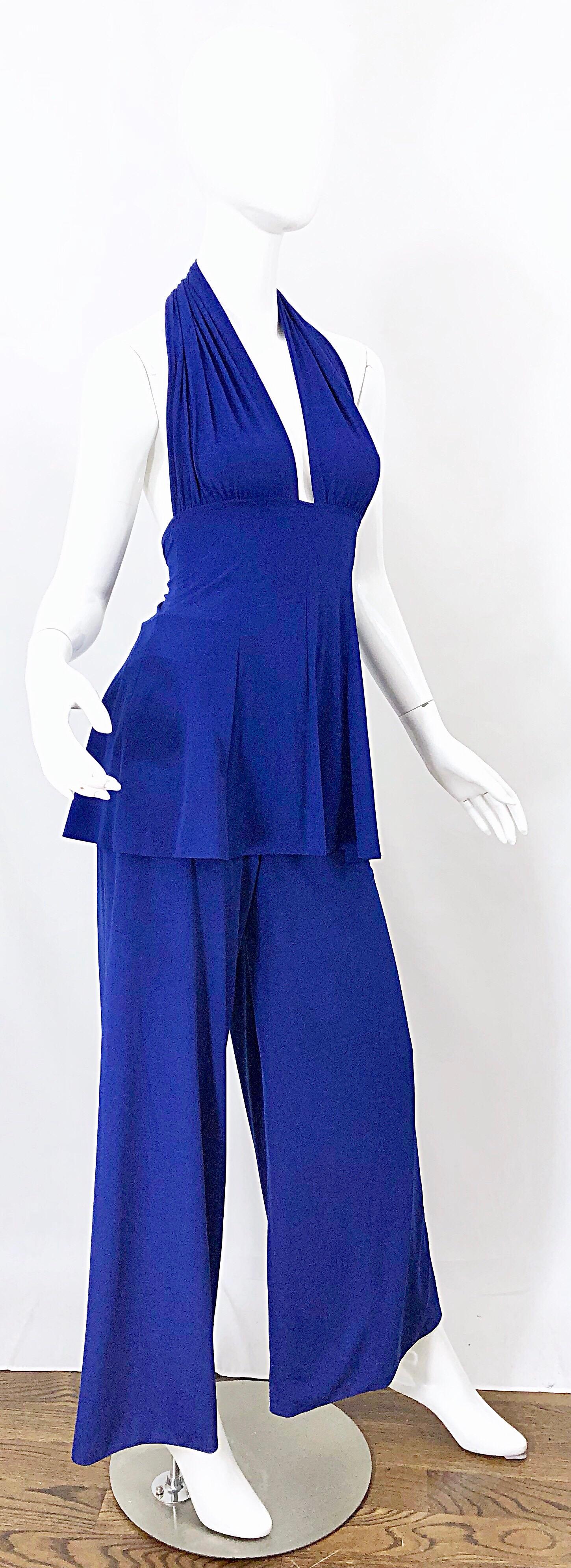 Vintage Norma Kamali OMO Ende der 1970er Jahre Königsblauer Badeanzug Bodysuit mit weitem Bein im Angebot 7
