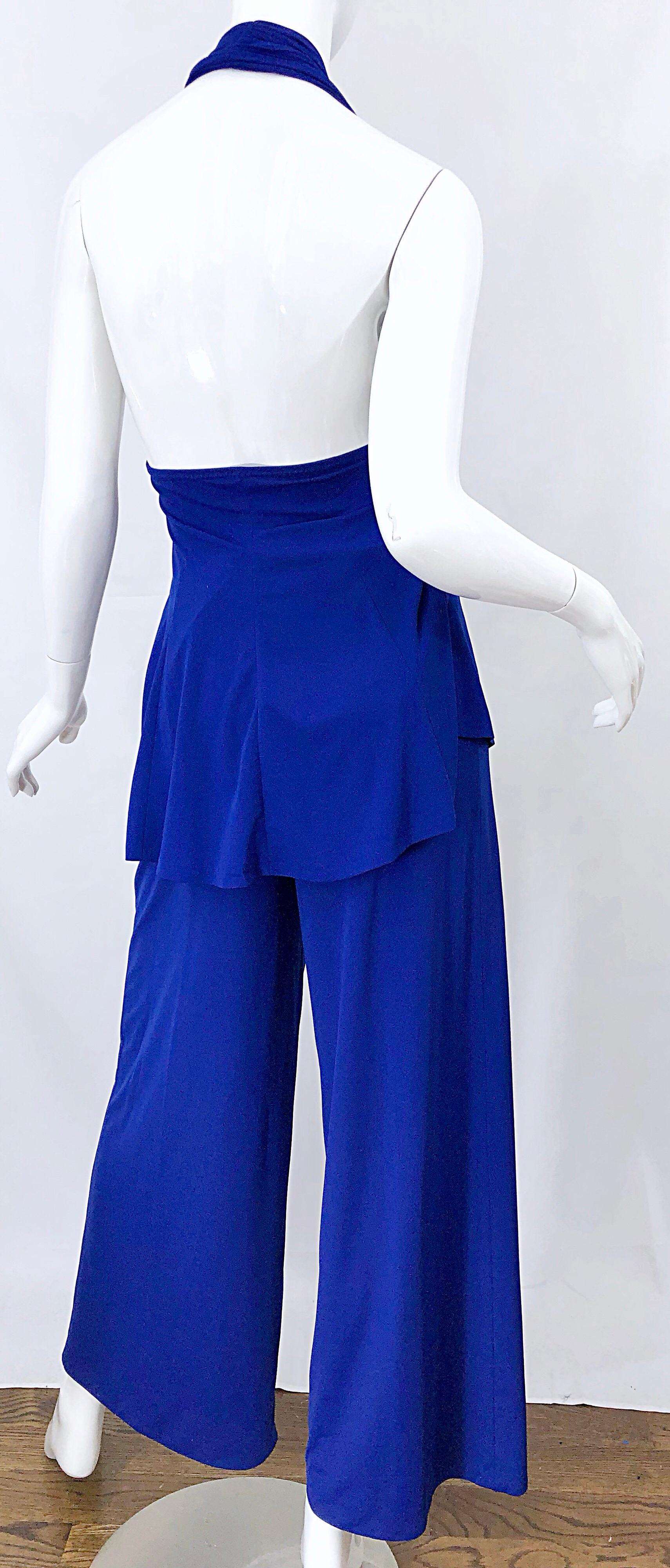 Vintage Norma Kamali OMO Late 1970s Royal Blue Swimsuit Bodysuit Wide Leg Pants For Sale 6