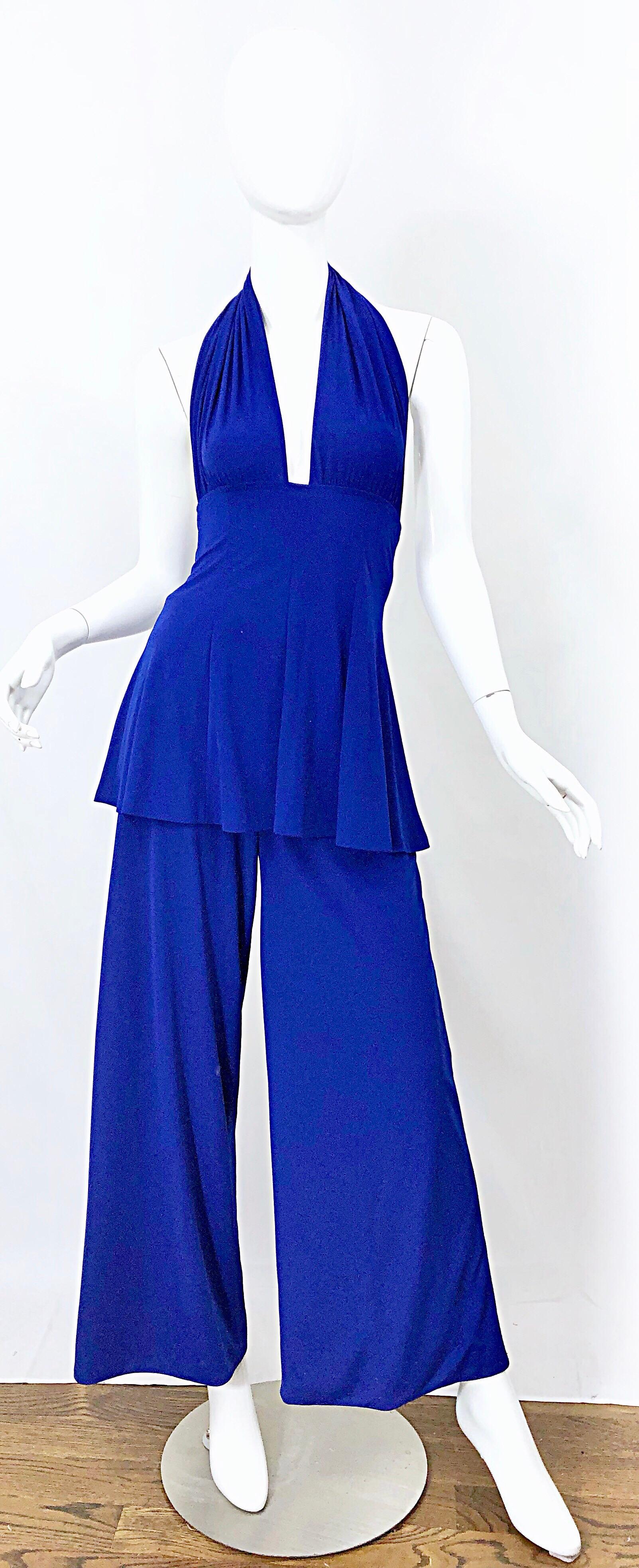Rare vintage late 70s NORMA KAMALI OMO bright royal blue one piece plunging swimsuit / bodysuit and wide leg trosuers! Kamali is high credible with not only her design, but her practicality as well. This unique ensemble is a pure example of the