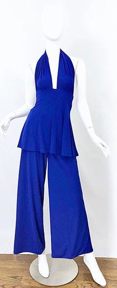 Vintage Norma Kamali OMO Late 1970s Royal Blue Swimsuit Bodysuit Wide Leg Pants