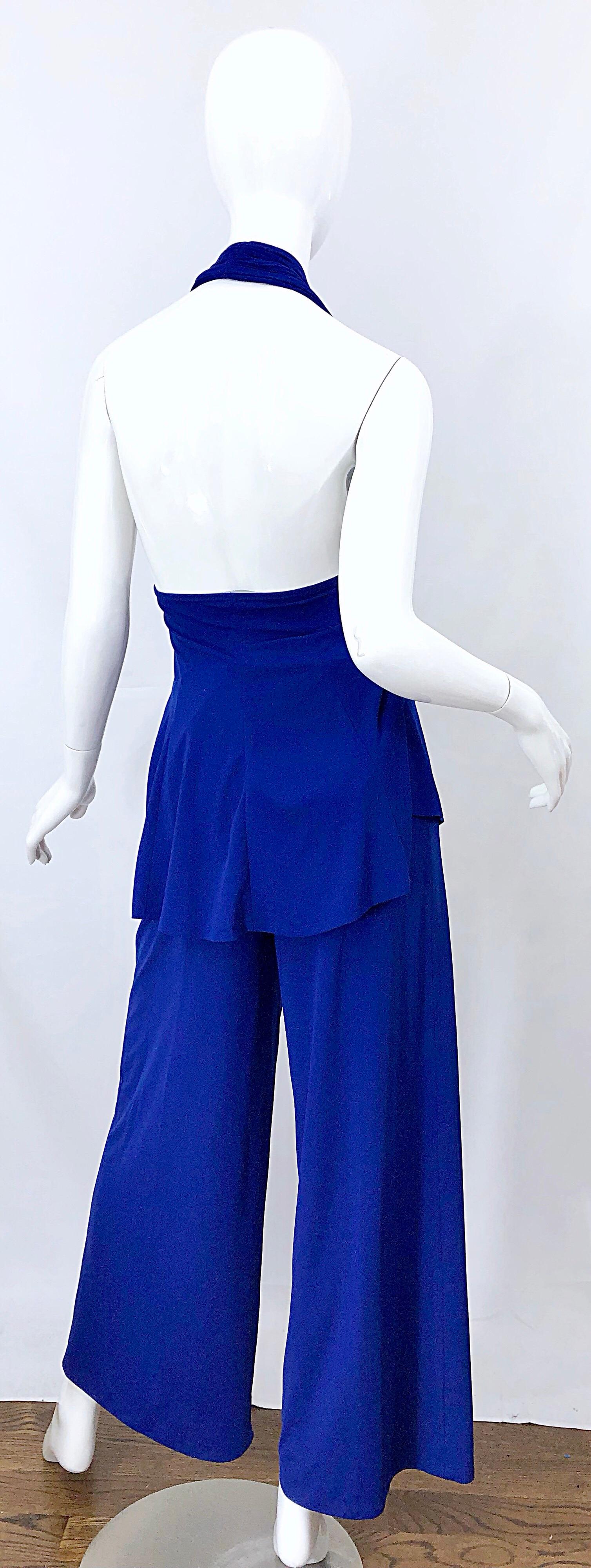 Vintage Norma Kamali OMO Late 1970s Royal Blue Swimsuit Bodysuit Wide Leg Pants In Excellent Condition For Sale In San Diego, CA