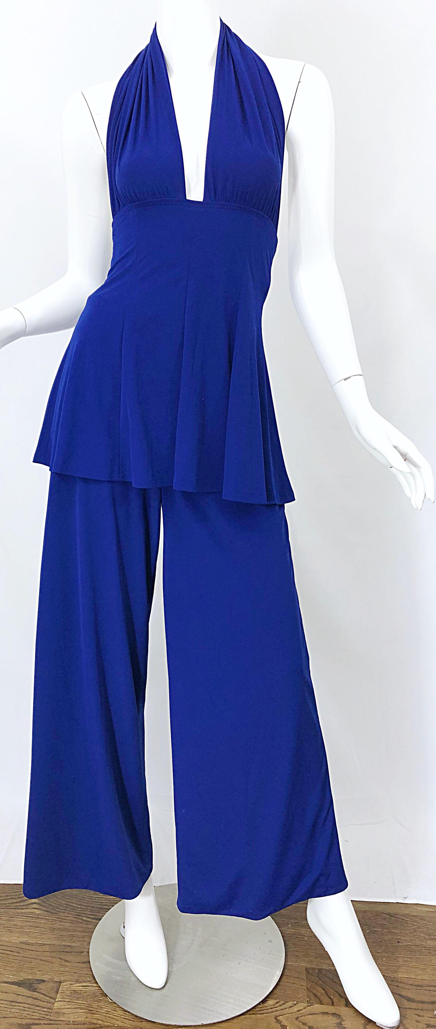 Vintage Norma Kamali OMO Late 1970s Royal Blue Swimsuit Bodysuit Wide Leg Pants For Sale 1