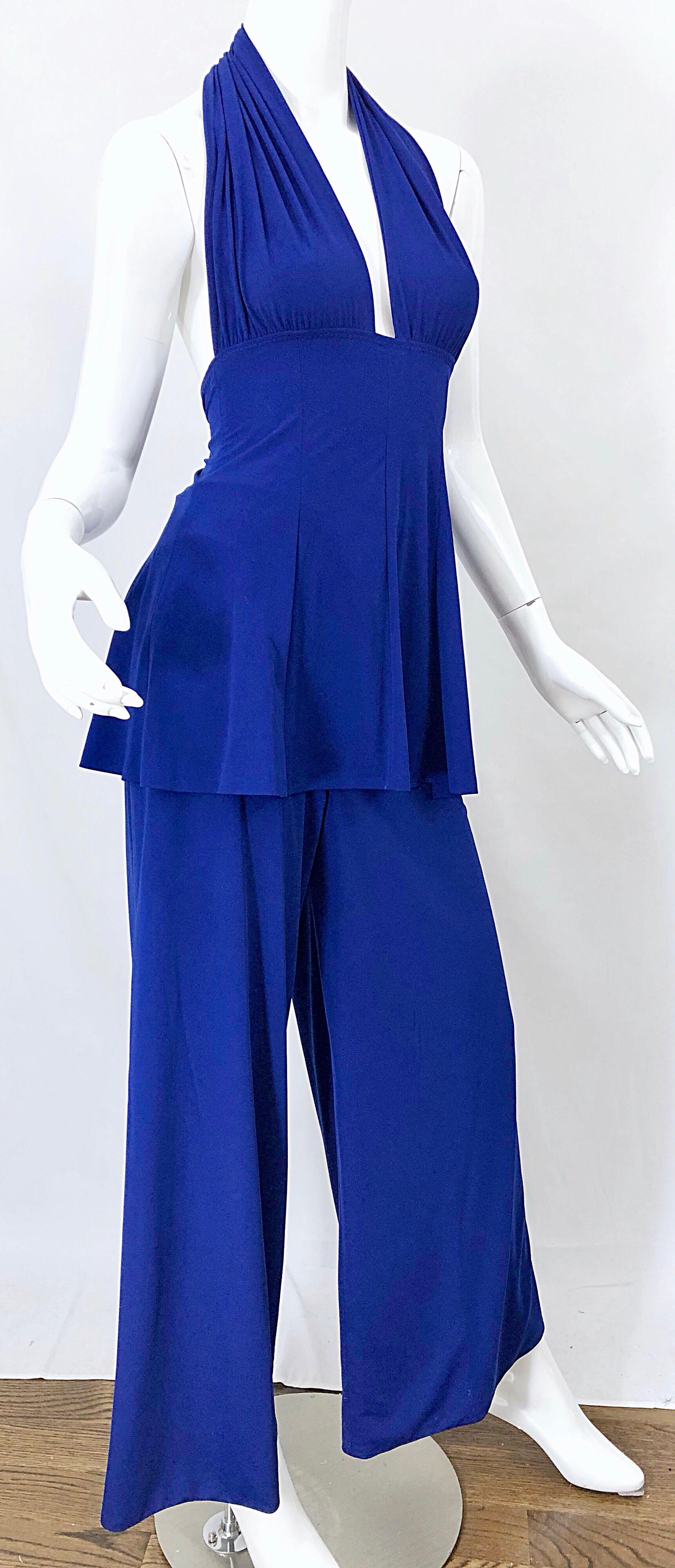 Vintage Norma Kamali OMO Late 1970s Royal Blue Swimsuit Bodysuit Wide Leg Pants For Sale 2