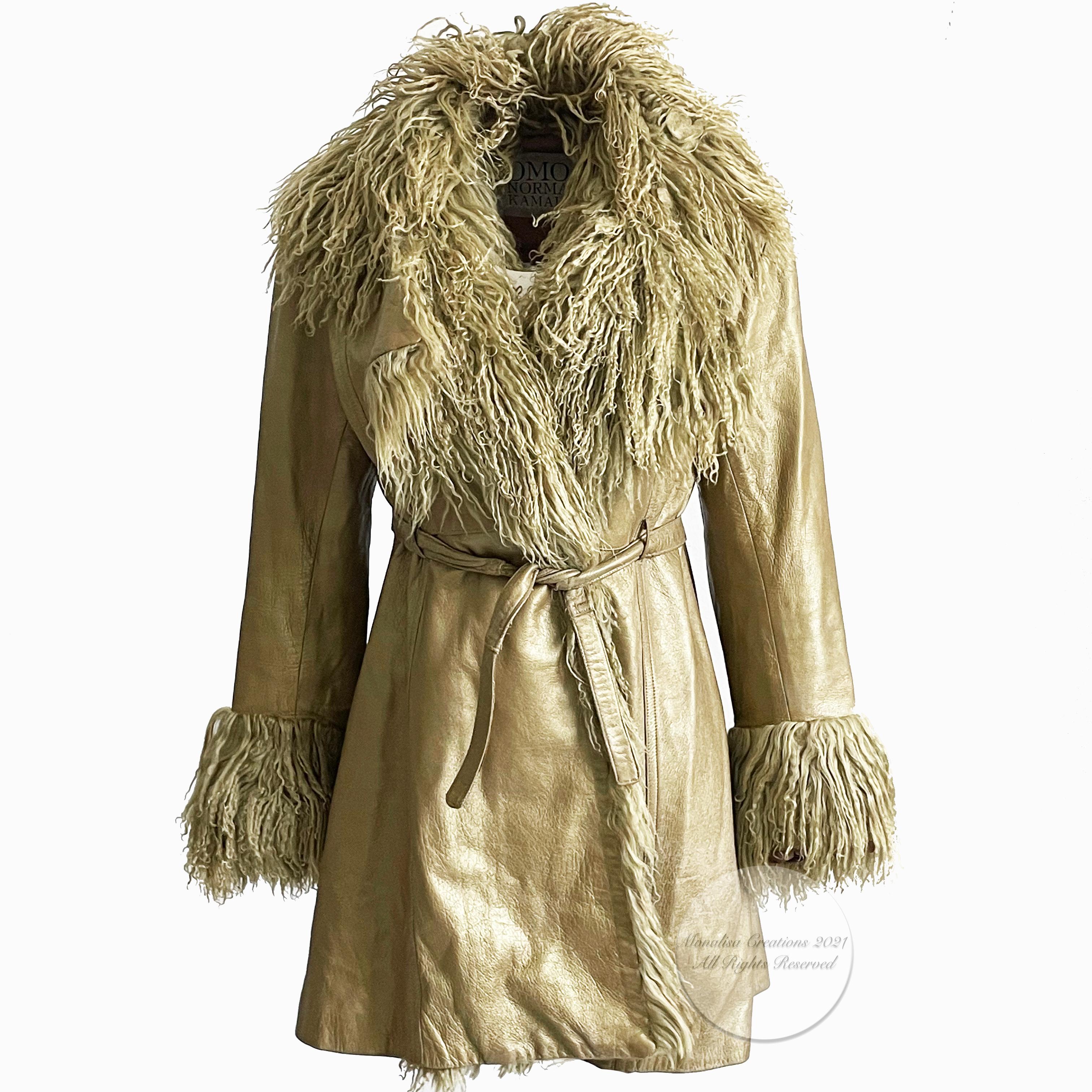 Brown Vintage Norma Kamali OMO Leather Jacket with Shaggy Mongolian Lamb Trim Sz 2