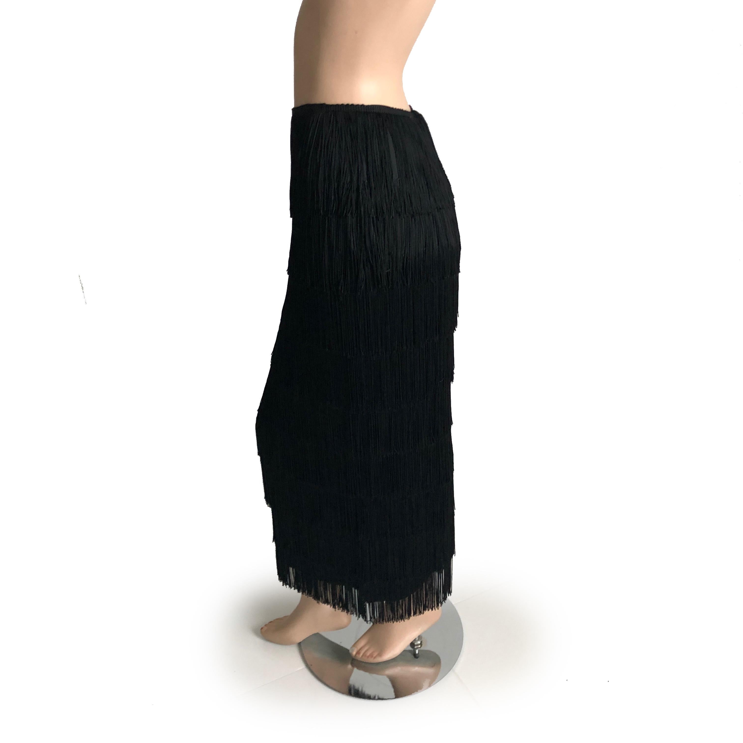 Black Vintage Norma Kamali OMO Long Skirt with Tiered Fringe Size 4 80s