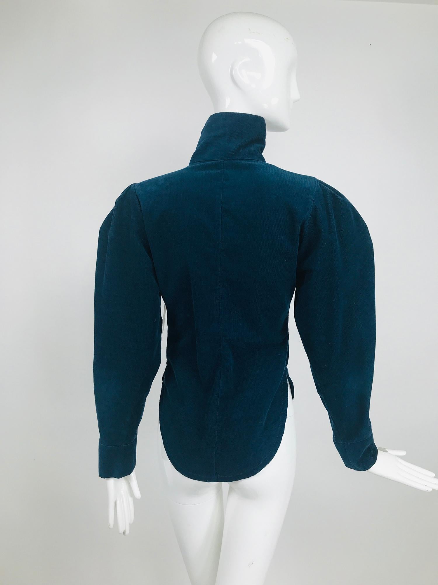 Vintage Norma Kamali Teal Blue Corduroy High Neck Fitted Shirt 1980s 2