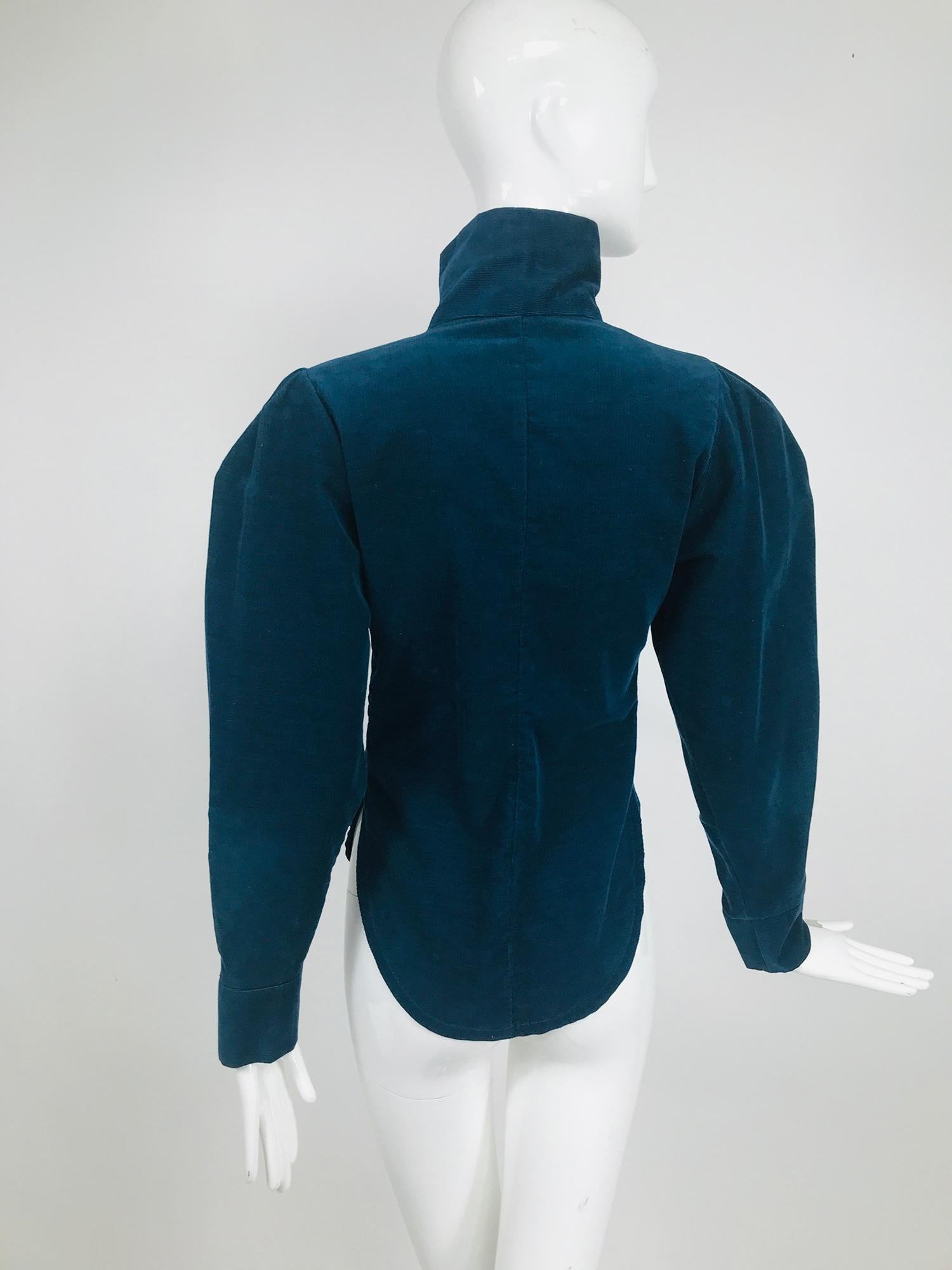 Vintage Norma Kamali Teal Blue Corduroy High Neck Fitted Shirt 1980s 3