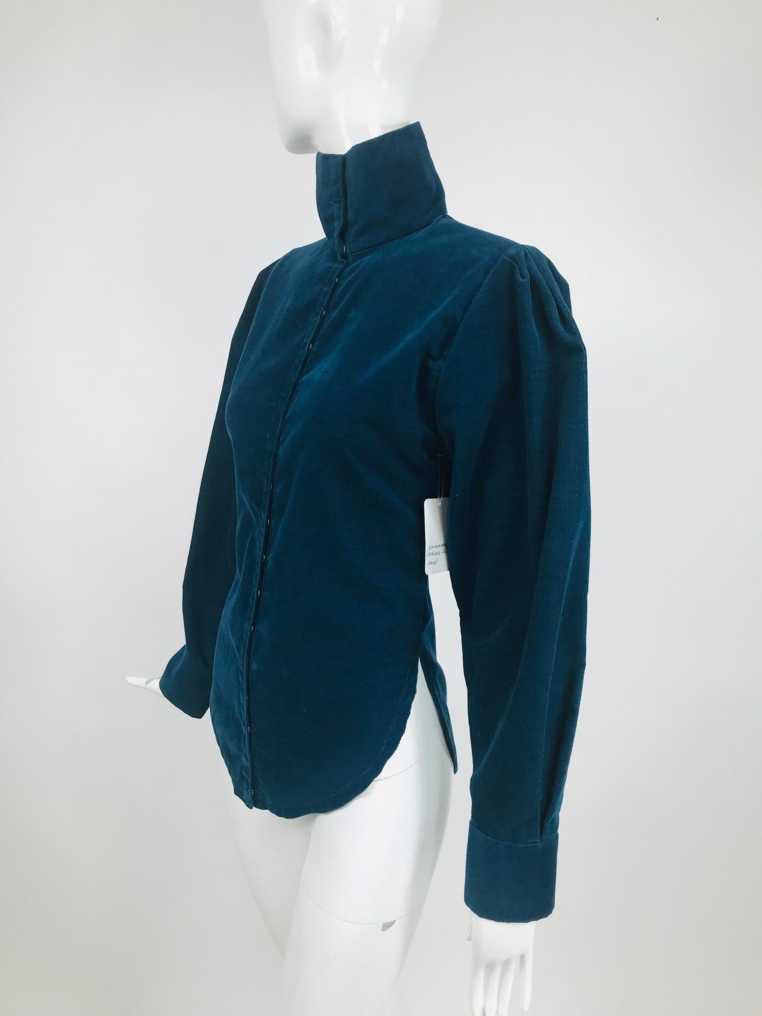 Vintage Norma Kamali Teal Blue Corduroy High Neck Fitted Shirt 1980s 5