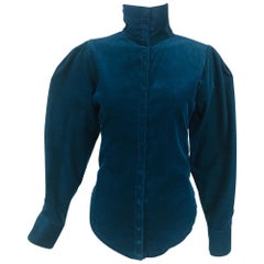 Vintage Norma Kamali Teal Blue Corduroy High Neck Fitted Shirt 1980s