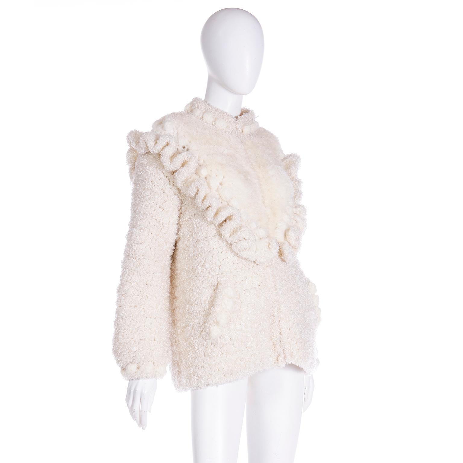 Women's Vintage Norma of Canada Cream Chunky Knit Zip Front Sweater For Sale